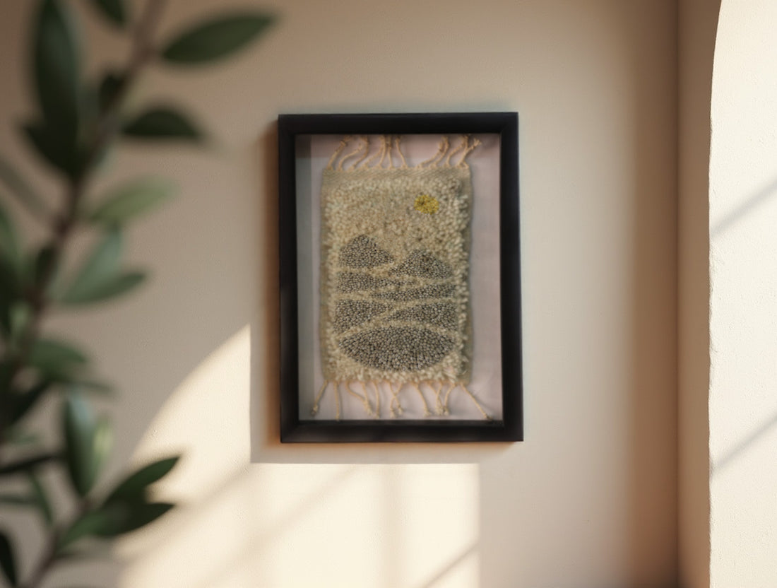 moroccan rug, desert landscape wall art, mini wool tapestry, hand knotted rug art, knot by knot moroccan rug, framed wool decor, boho desert textile, neutral earth tone art, wool mini wall hanging, 25x31 cm rug
