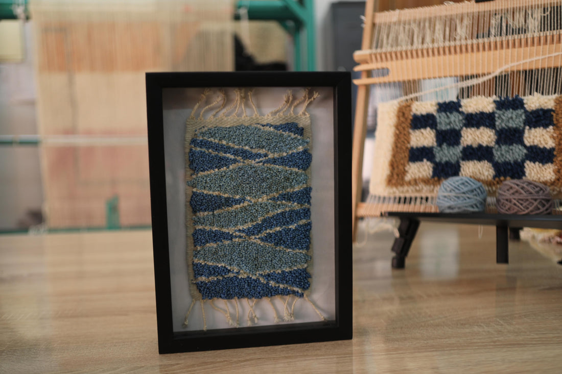 moroccan rug, diagonal line rug, hand knotted wool art, framed rug wall piece, artisan mini textile, blue beige rug art, knot by knot rug, geometric moroccan rug, small framed rug, 25x31 cm
