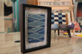 moroccan rug, diagonal line rug, hand knotted wool art, framed rug wall piece, artisan mini textile, blue beige rug art, knot by knot rug, geometric moroccan rug, small framed rug, 25x31 cm
