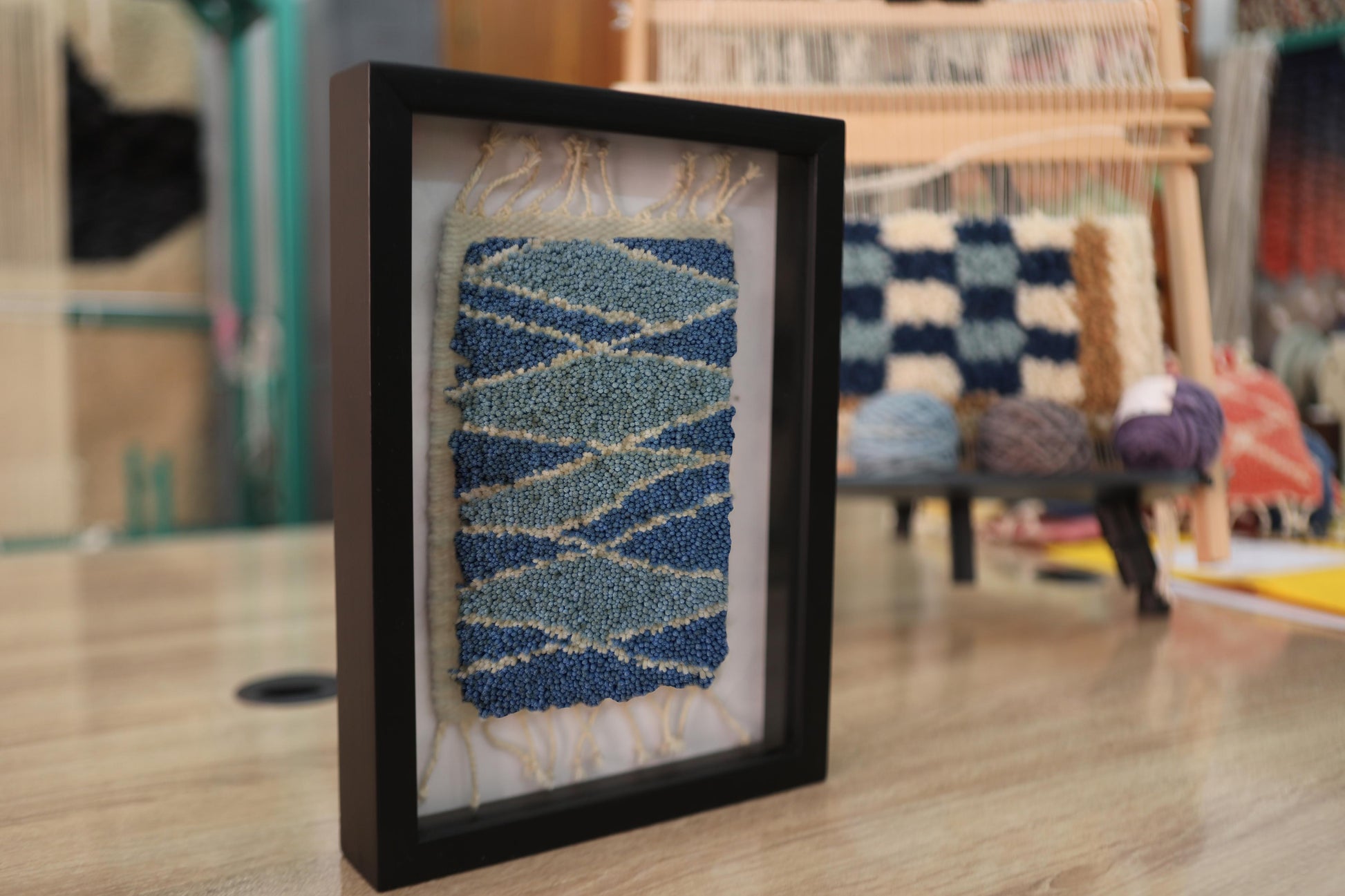 moroccan rug, diagonal line rug, hand knotted wool art, framed rug wall piece, artisan mini textile, blue beige rug art, knot by knot rug, geometric moroccan rug, small framed rug, 25x31 cm

