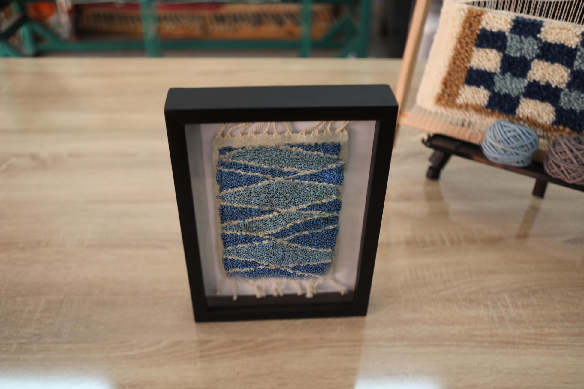 moroccan rug, diagonal line rug, hand knotted wool art, framed rug wall piece, artisan mini textile, blue beige rug art, knot by knot rug, geometric moroccan rug, small framed rug, 25x31 cm
