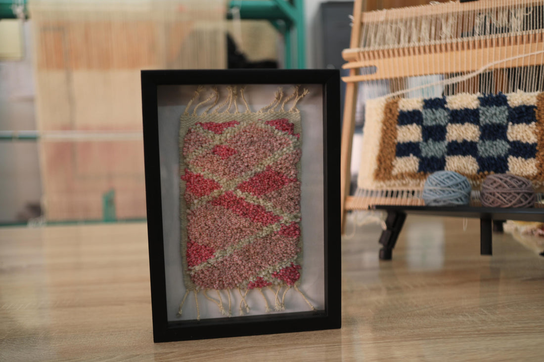 moroccan rug, diamond pattern mini rug, geometric wool wall art, red and green moroccan textile, hand-knotted rug art, framed moroccan decor, small rug wall hanging, knot by knot weaving, boho moroccan art, 25x31 cm rug
