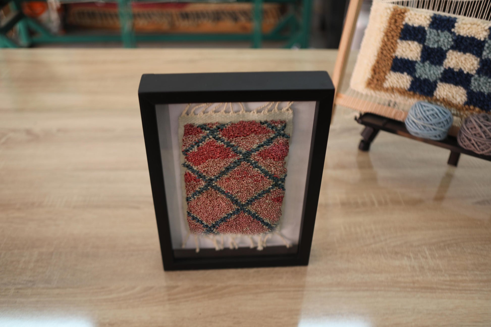 moroccan rug, diamond pattern rug, colorful mini rug, framed wall tapestry, hand-knotted wool art, knot by knot moroccan weaving, artisan moroccan decor, wool textile wall art, 25x31 cm framed rug, boho geometric rug
