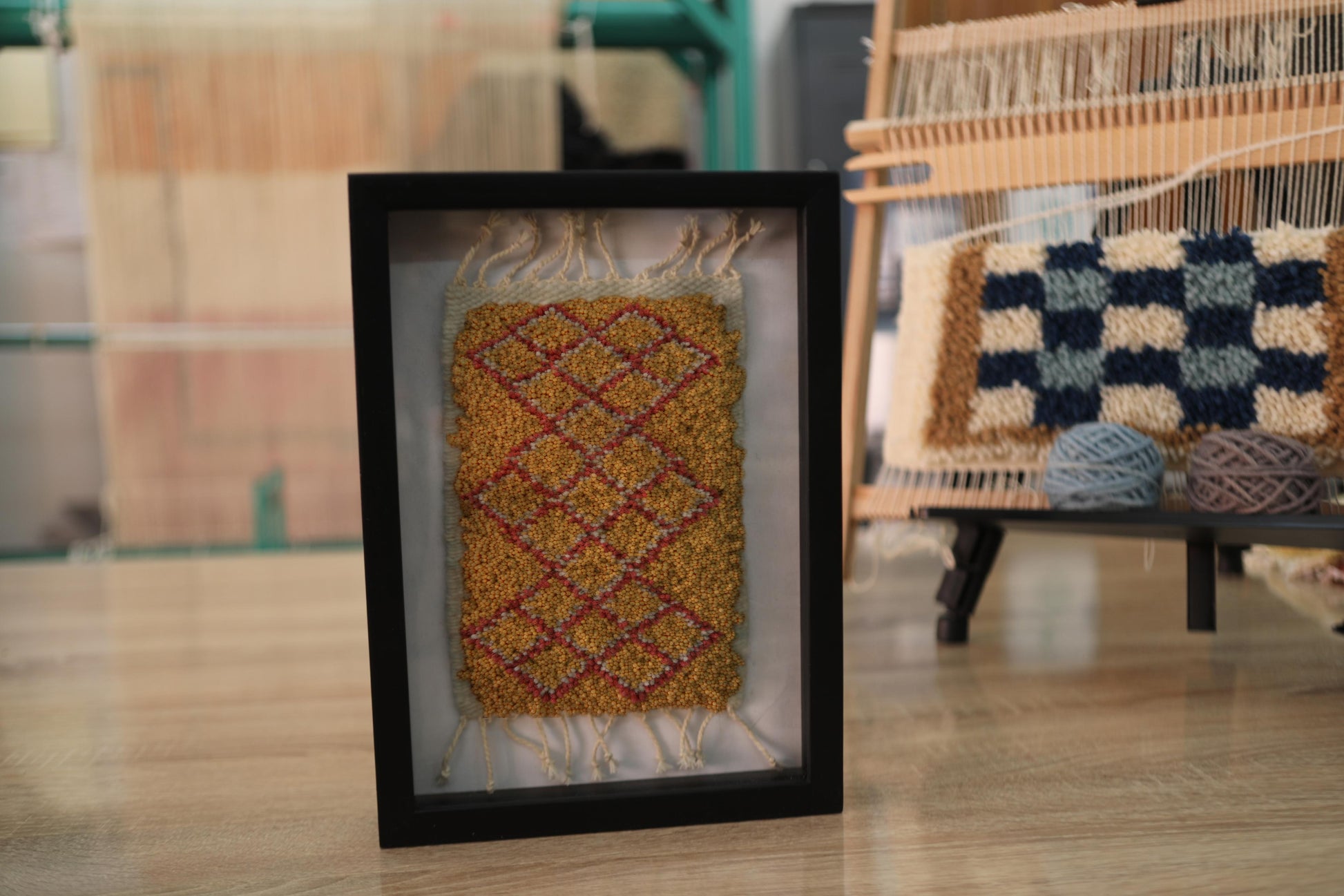 moroccan rug, diamond pattern rug, framed mini rug, moroccan wall hanging, yellow red moroccan rug, hand knotted moroccan textile, bohemian wall art, moroccan home decor, traditional moroccan design, small framed rug, 25x31 cm wall decor
