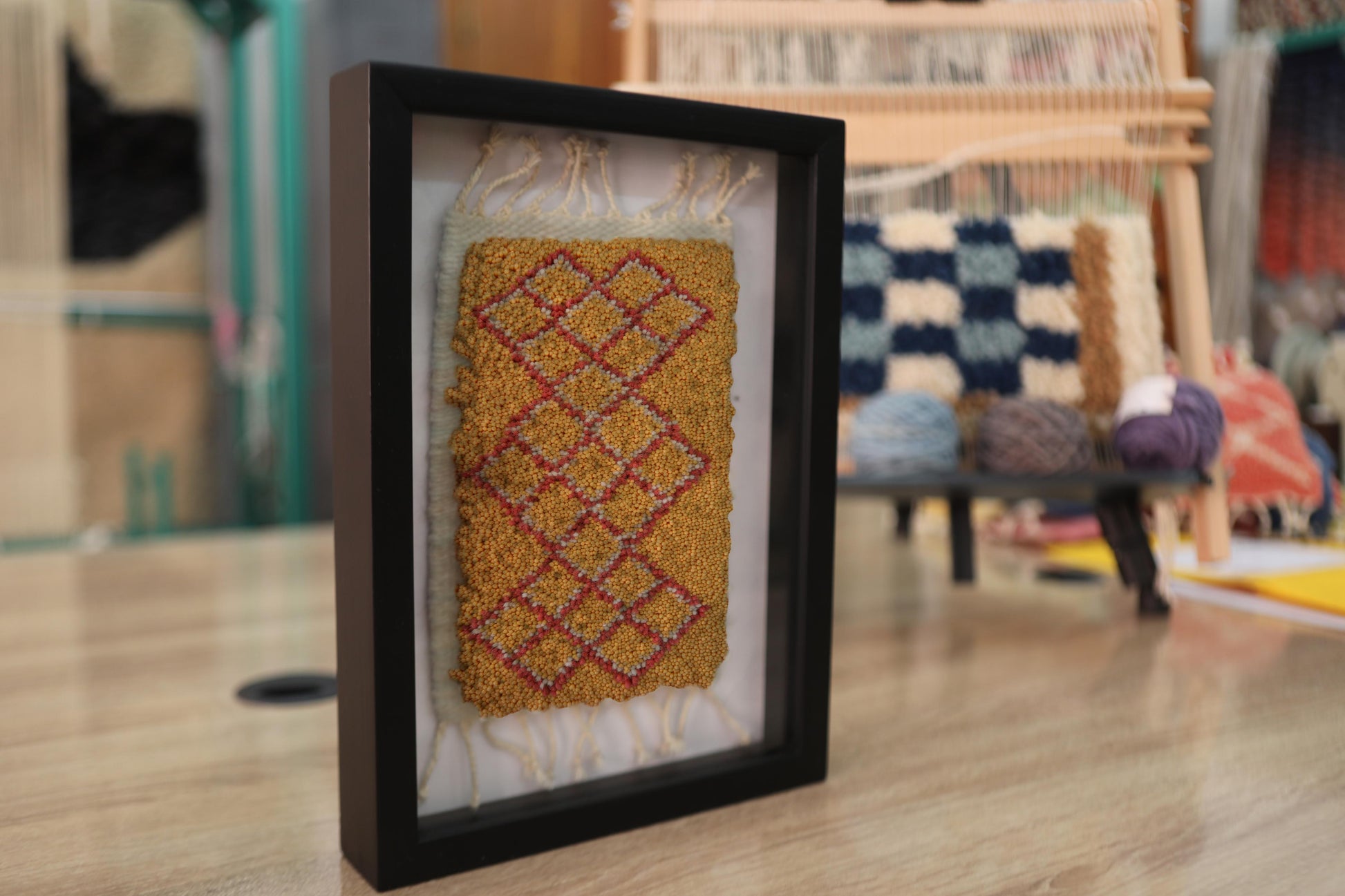 moroccan rug, diamond pattern rug, framed mini rug, moroccan wall hanging, yellow red moroccan rug, hand knotted moroccan textile, bohemian wall art, moroccan home decor, traditional moroccan design, small framed rug, 25x31 cm wall decor
