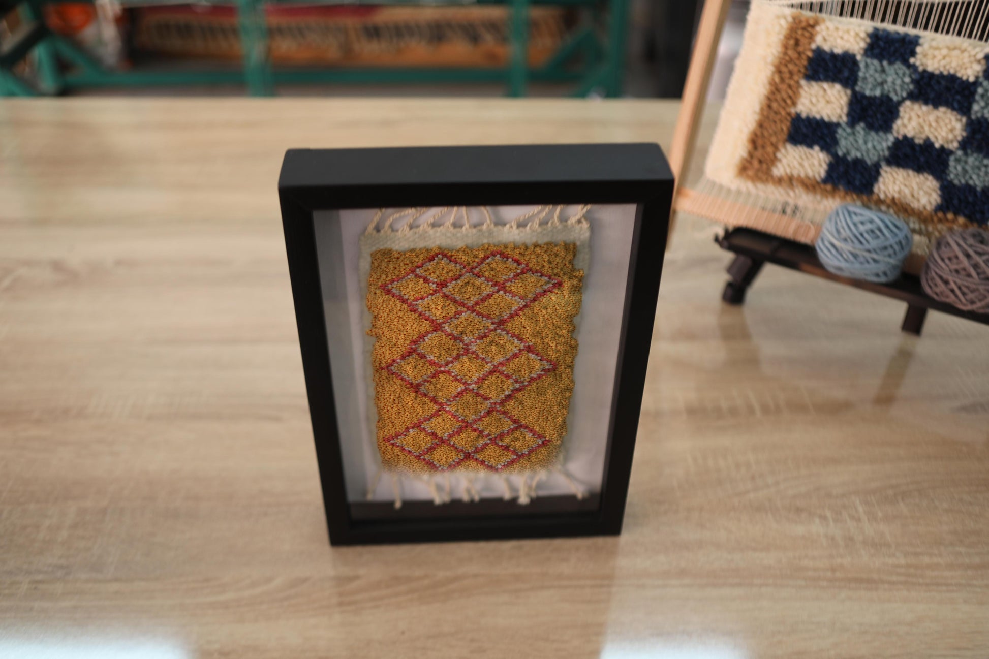 moroccan rug, diamond pattern rug, framed mini rug, moroccan wall hanging, yellow red moroccan rug, hand knotted moroccan textile, bohemian wall art, moroccan home decor, traditional moroccan design, small framed rug, 25x31 cm wall decor
