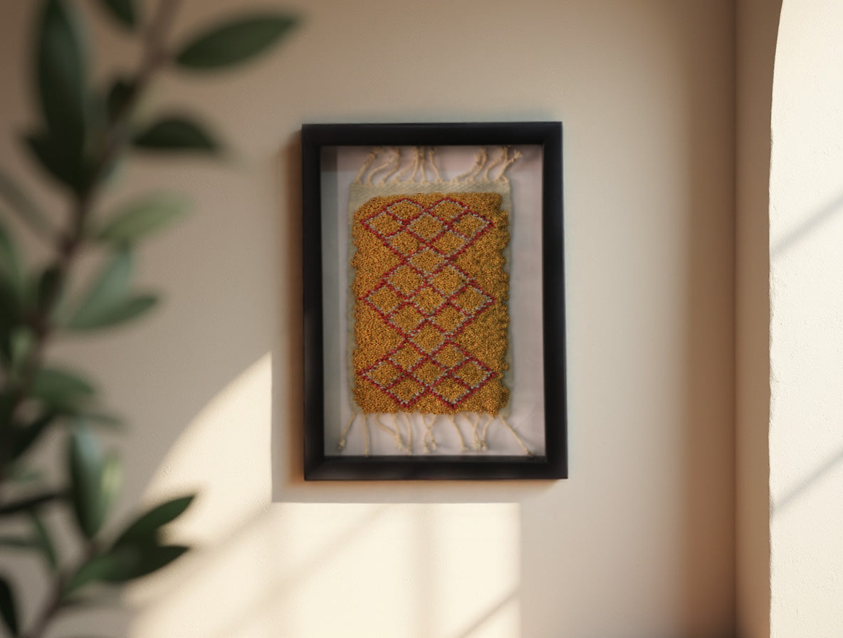 moroccan rug, diamond pattern rug, framed mini rug, moroccan wall hanging, yellow red moroccan rug, hand knotted moroccan textile, bohemian wall art, moroccan home decor, traditional moroccan design, small framed rug, 25x31 cm wall decor
