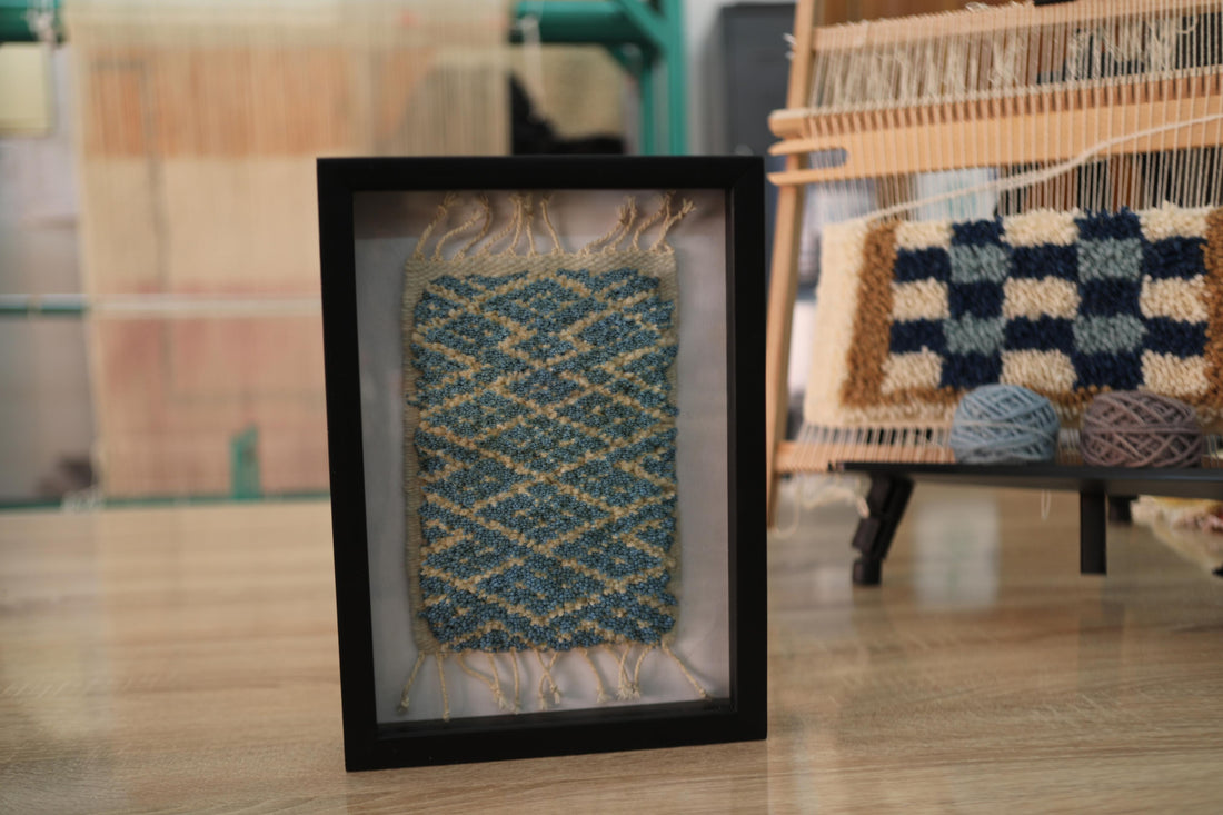 moroccan rug, diamond pattern rug, hand knotted wool art, framed rug decor, small moroccan textile, mini wall tapestry, geometric wool rug art, knot by knot rug, blue yellow rug, 25x31 cm framed rug
