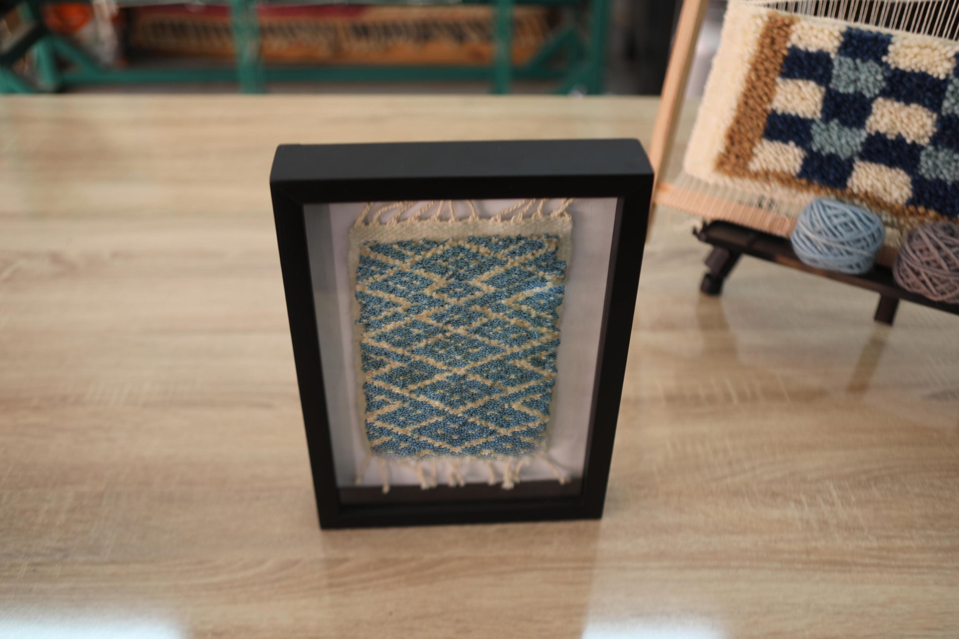 moroccan rug, diamond pattern rug, hand knotted wool art, framed rug decor, small moroccan textile, mini wall tapestry, geometric wool rug art, knot by knot rug, blue yellow rug, 25x31 cm framed rug
