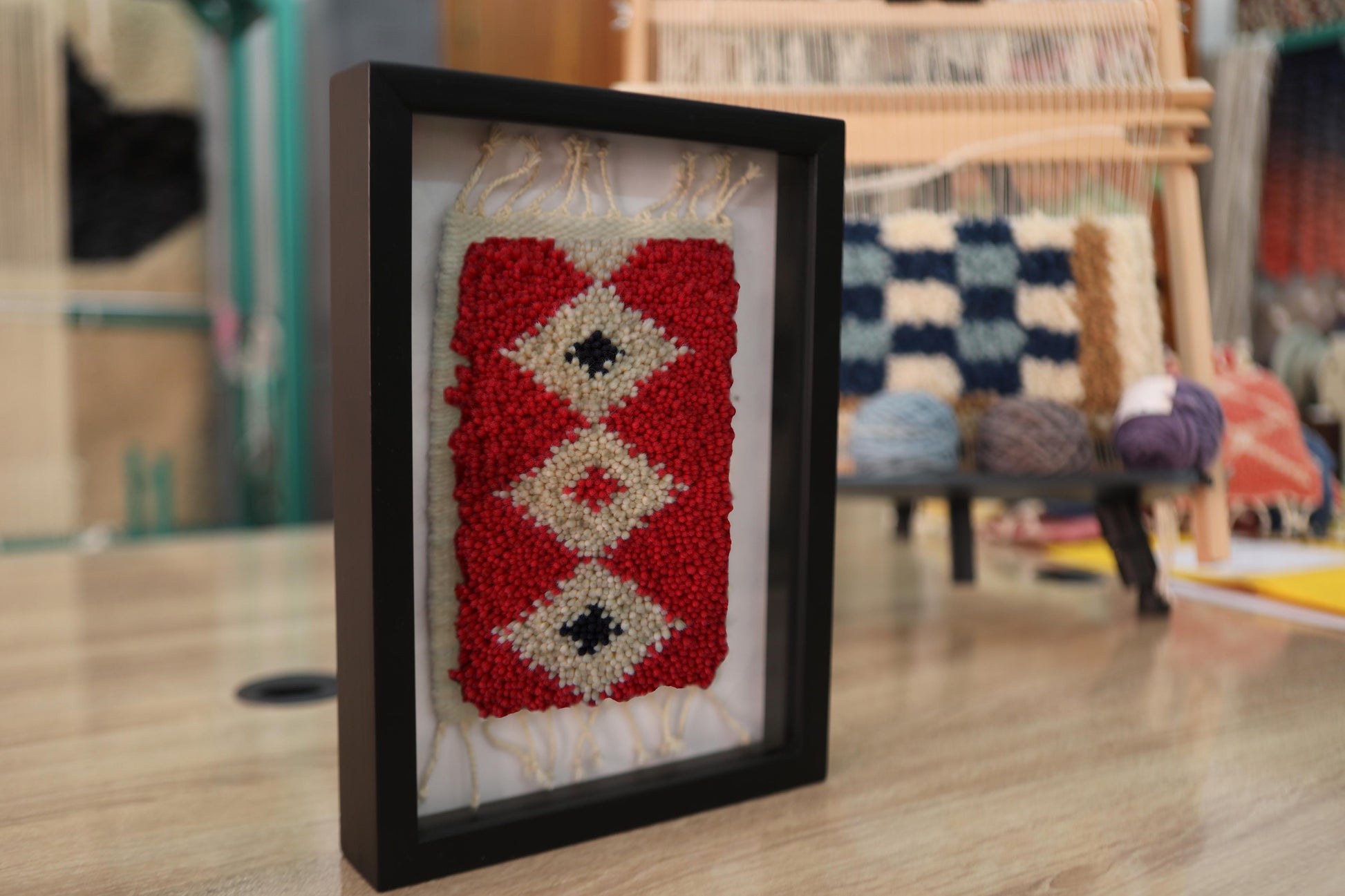 moroccan rug, diamond pattern rug, handmade rug wall art, red tribal wall decor, knotted rug art, boho mini wall hanging, wool moroccan textile, knot by knot rug, framed berber rug, artisan moroccan decor
