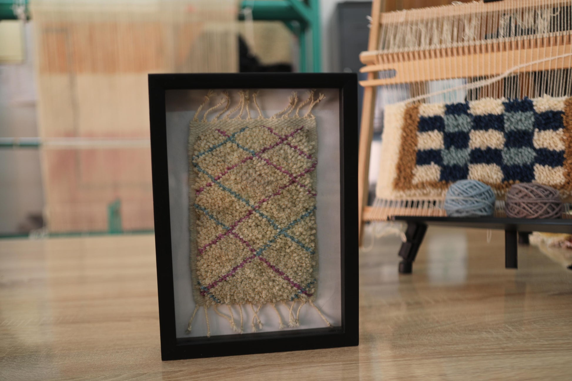 moroccan rug, diamond pattern wool rug, pastel grid rug art, hand-knotted textile, ivory wool framed rug, berber rug mini artwork, geometric wool wall hanging, moroccan home decor
