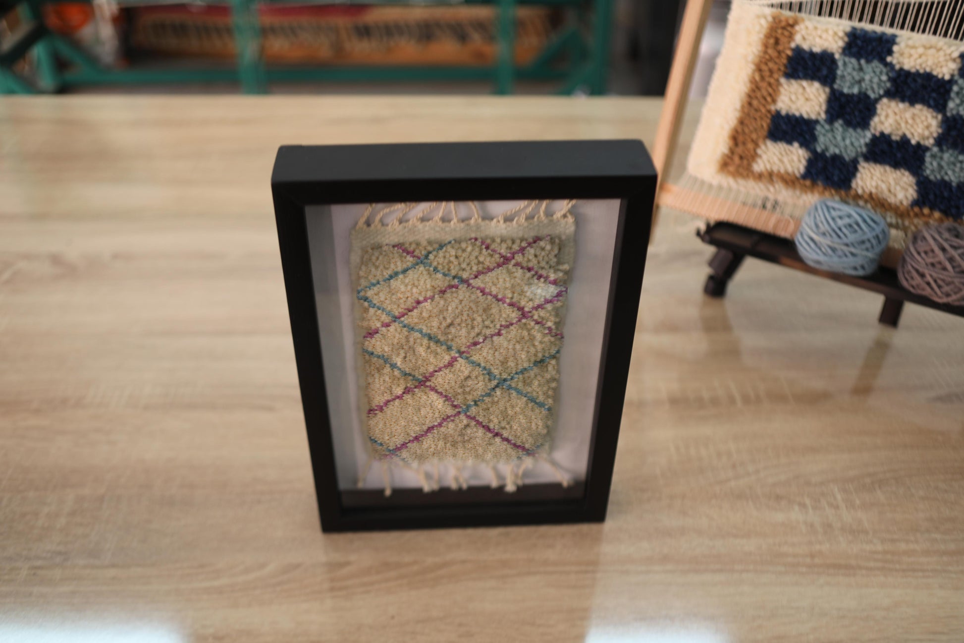 moroccan rug, diamond pattern wool rug, pastel grid rug art, hand-knotted textile, ivory wool framed rug, berber rug mini artwork, geometric wool wall hanging, moroccan home decor
