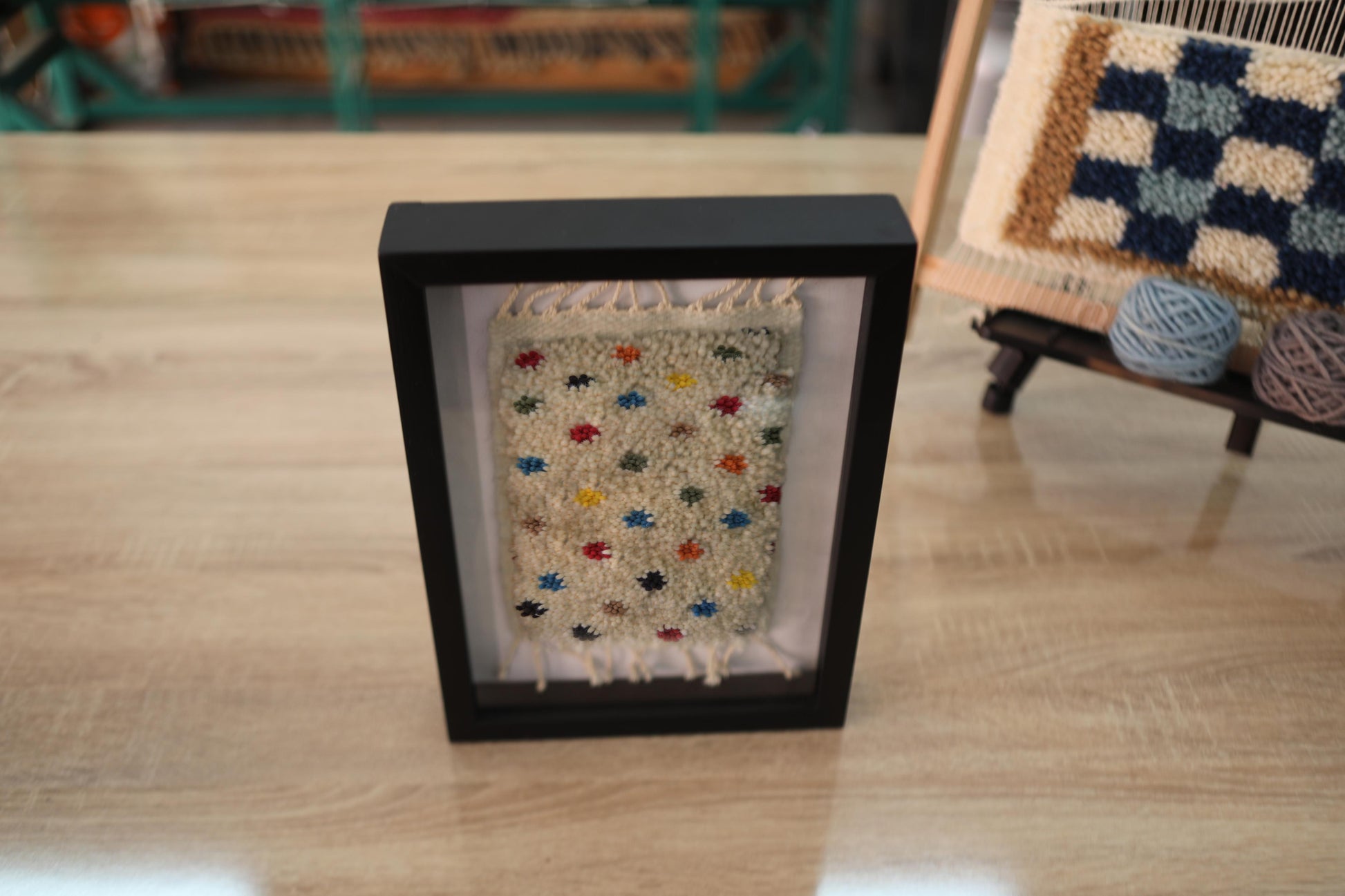 moroccan rug, dotted wool art, colorful mini rug, handmade rug wall hanging, ivory wool tapestry, knot by knot moroccan rug, framed textile art, berber rug decor
