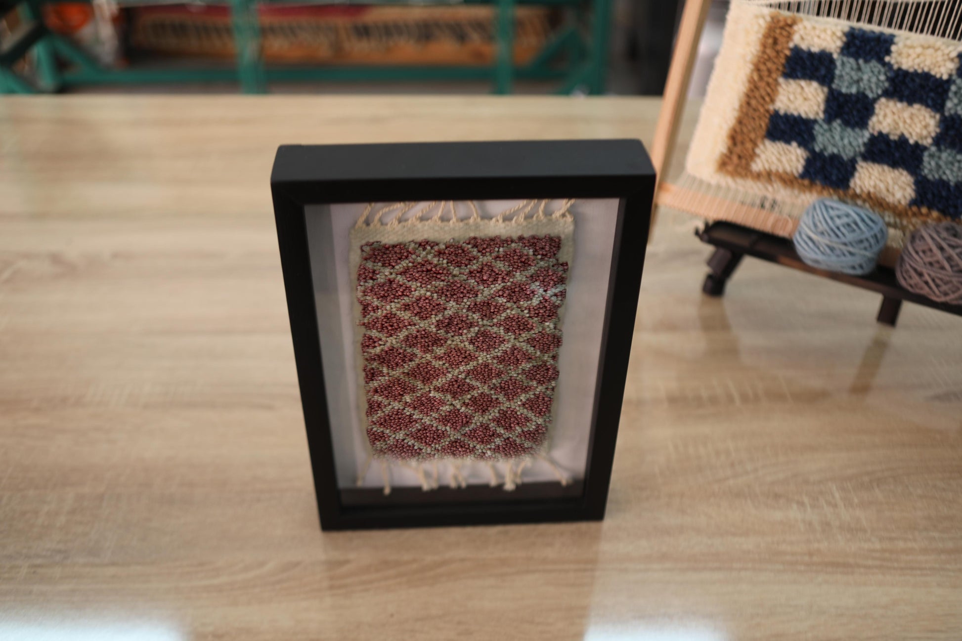 moroccan rug, framed mini rug, diamond lattice pattern, hand-knotted wall art, wool textile art, artisan rug decor, moroccan weaving, boho interior, red cream rug, 25x31 cm wool art
