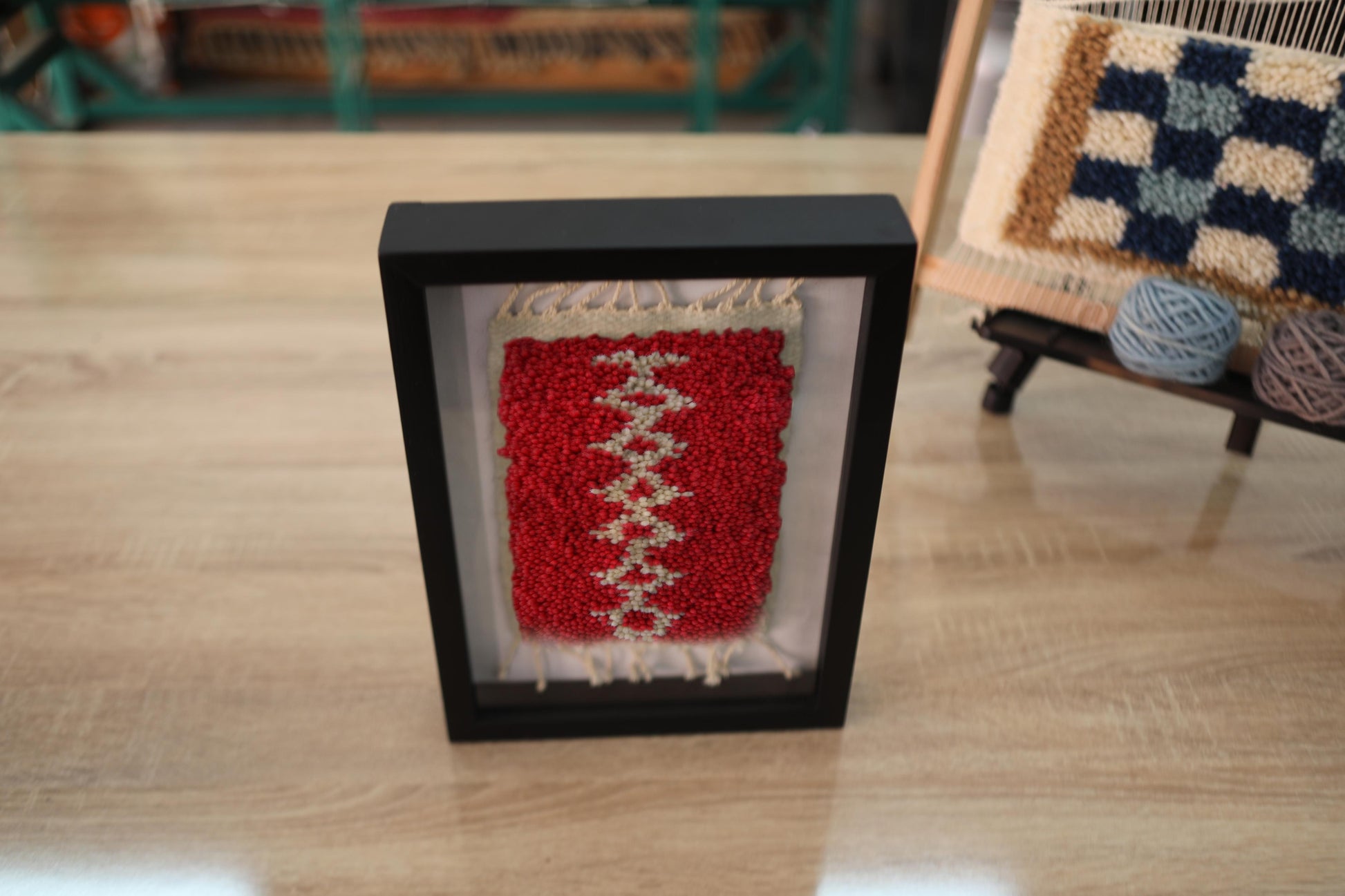 moroccan rug, framed moroccan art, hand knotted rug, red wool wall hanging, zigzag rug design, tribal decor, knot by knot rug, berber textile, 25x31 cm art, wall decor moroccan
