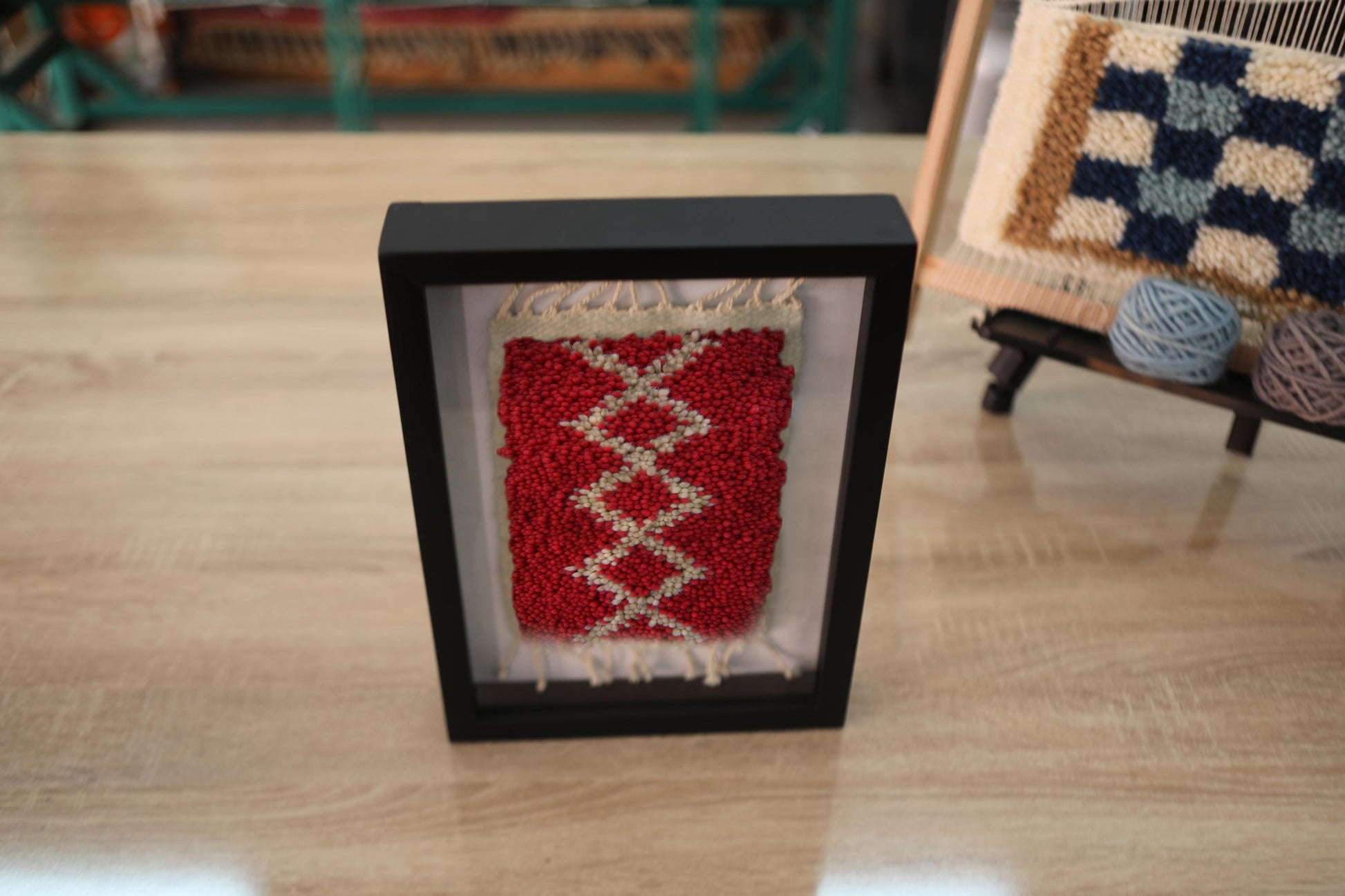 moroccan rug, framed moroccan textile, diamond pattern rug, red wall hanging, wool wall art, knot by knot rug, berber decor, tribal moroccan art, framed rug art, 25x31 cm textile piece
