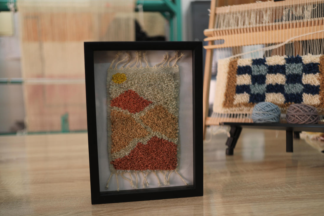 moroccan rug, desert landscape wool rug, framed mini moroccan rug, earth tone tapestry, hand-knotted wool wall art, sahara moroccan rug, sand dunes design, orange terracotta rug, 25x31 cm framed rug, knot by knot rug, desert sunset rug, bohemian moroccan decor

