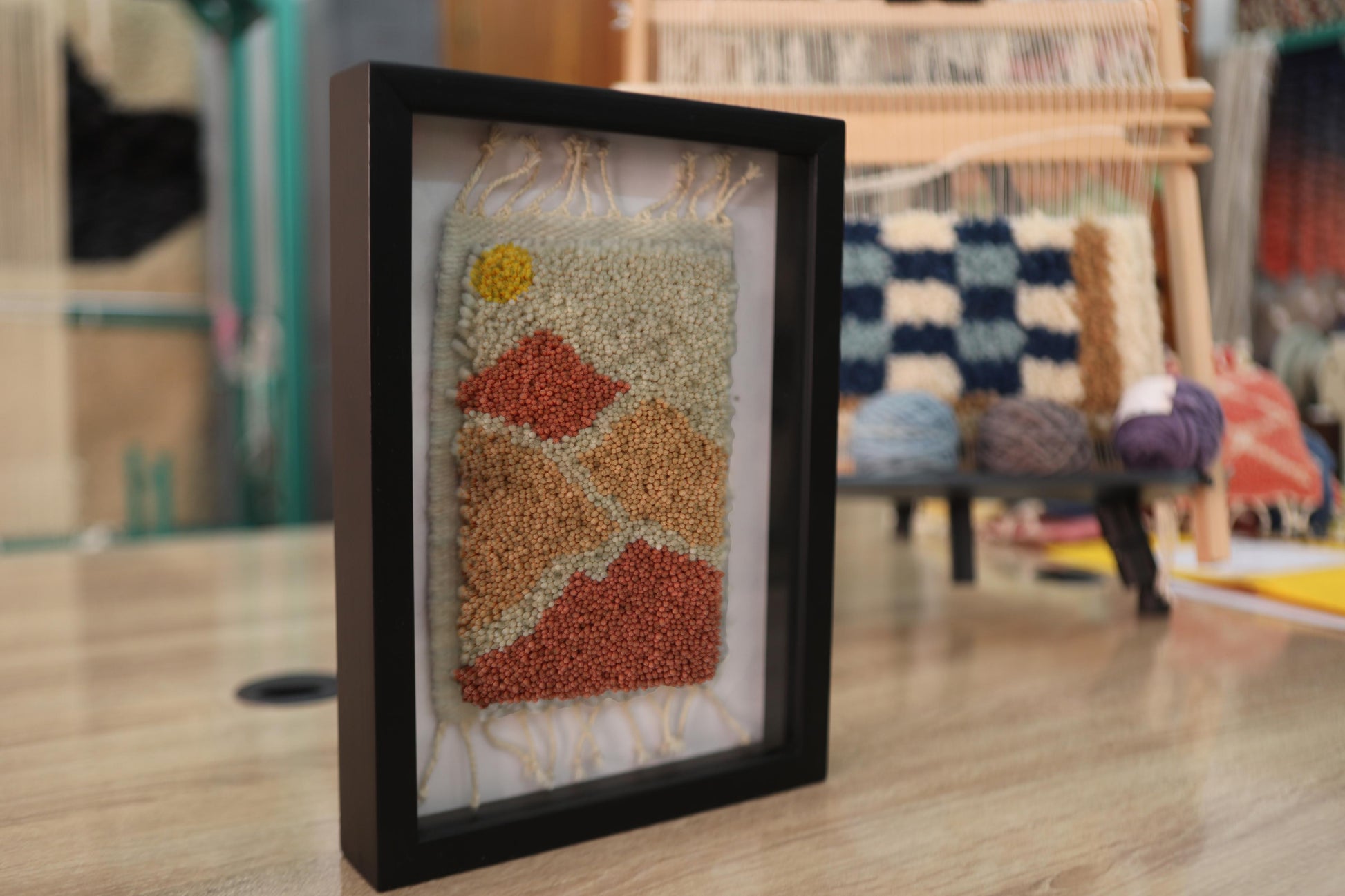 moroccan rug, desert landscape wool rug, framed mini moroccan rug, earth tone tapestry, hand-knotted wool wall art, sahara moroccan rug, sand dunes design, orange terracotta rug, 25x31 cm framed rug, knot by knot rug, desert sunset rug, bohemian moroccan decor
