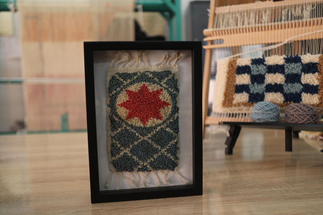 moroccan rug, framed rug art, red star medallion, hand knotted wool rug, wool wall hanging, geometric moroccan textile, moroccan miniature rug, artisan rug design, bohemian decor, traditional moroccan craft
