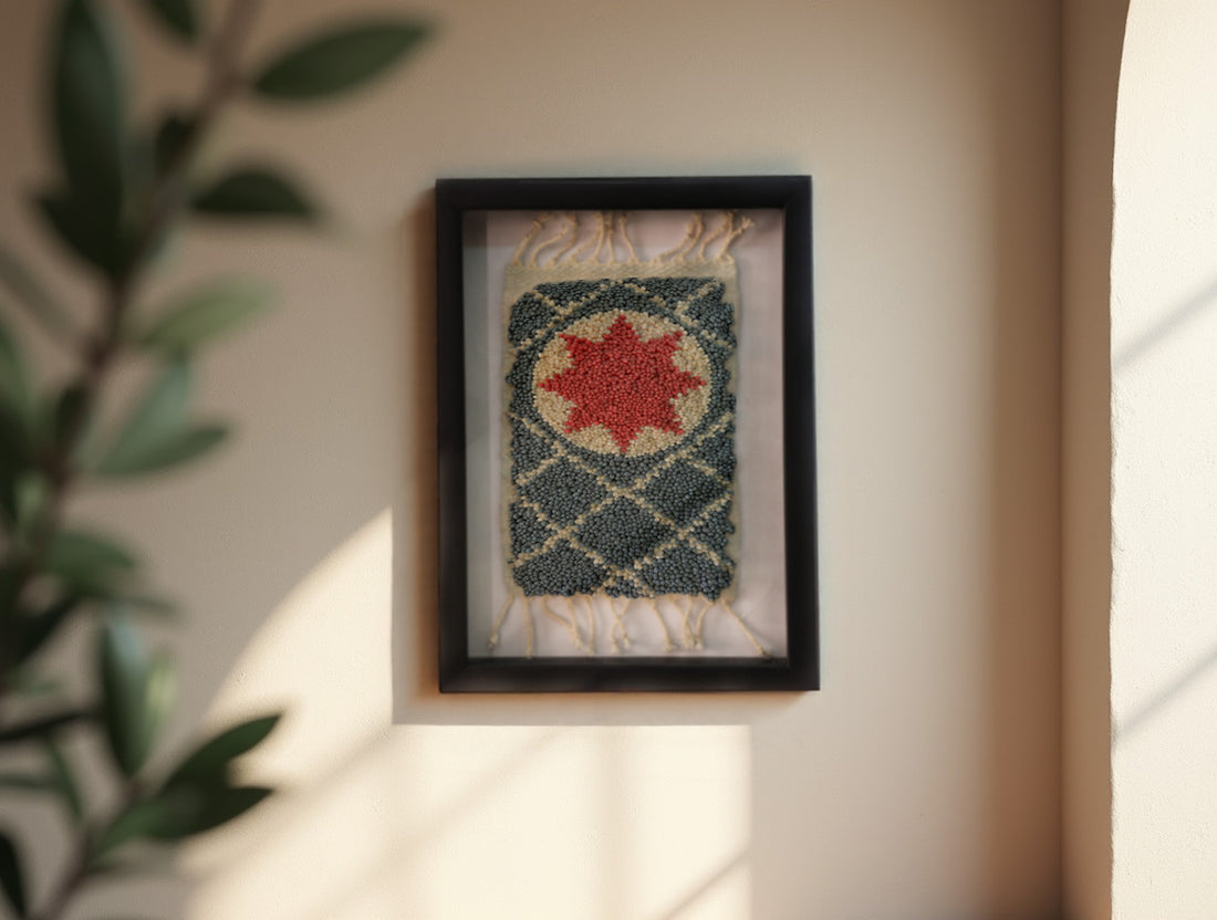moroccan rug, framed rug art, red star medallion, hand knotted wool rug, wool wall hanging, geometric moroccan textile, moroccan miniature rug, artisan rug design, bohemian decor, traditional moroccan craft

