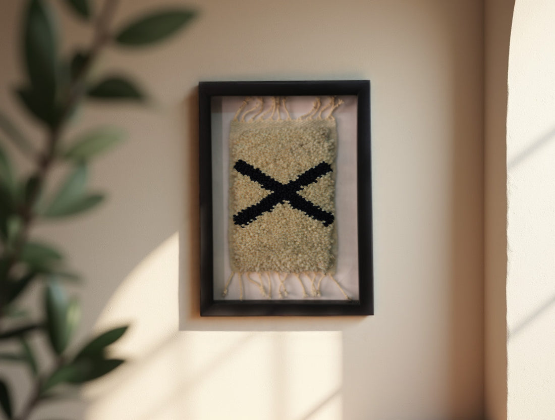 moroccan rug, framed textile wall art, black cross pattern, tribal rug decor, bohemian rug, hand-knotted wool, mini moroccan rug, wall hanging, berber style art, artisan framed rug
