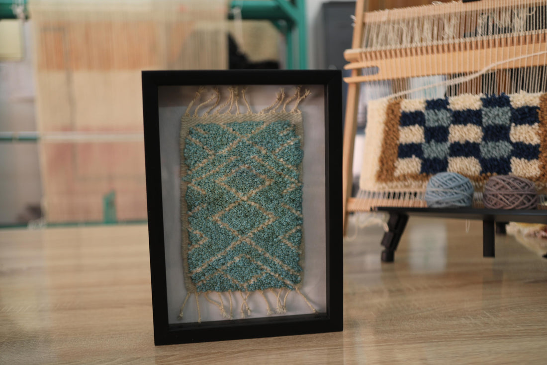 moroccan rug, framed wall art, hand-knotted rug, wool mini rug, zigzag pattern, geometric textile art, bohemian wall decor, knot by knot, artisan home decor, 25x31 cm, moroccan handmade rug
