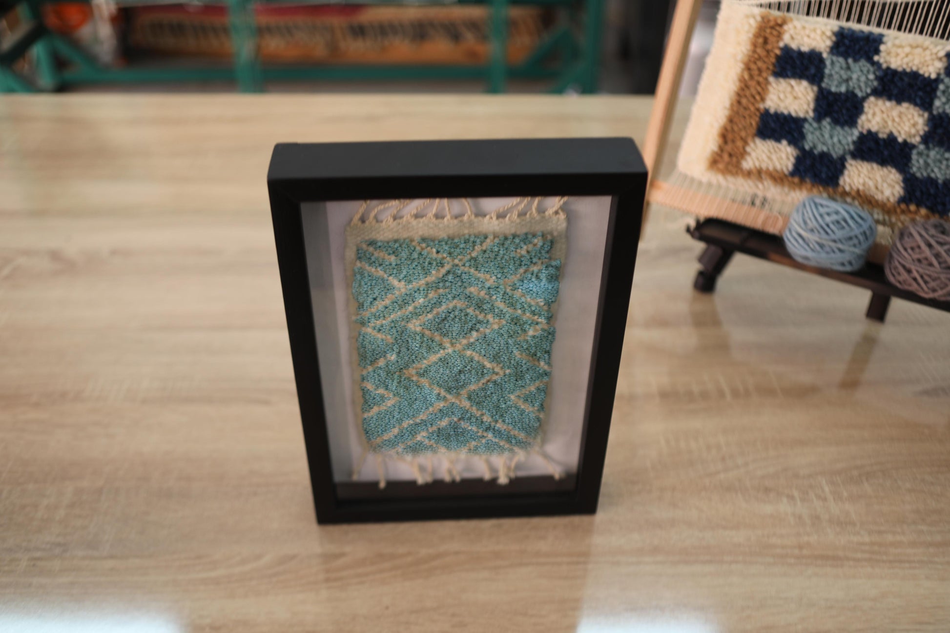 moroccan rug, framed wall art, hand-knotted rug, wool mini rug, zigzag pattern, geometric textile art, bohemian wall decor, knot by knot, artisan home decor, 25x31 cm, moroccan handmade rug

