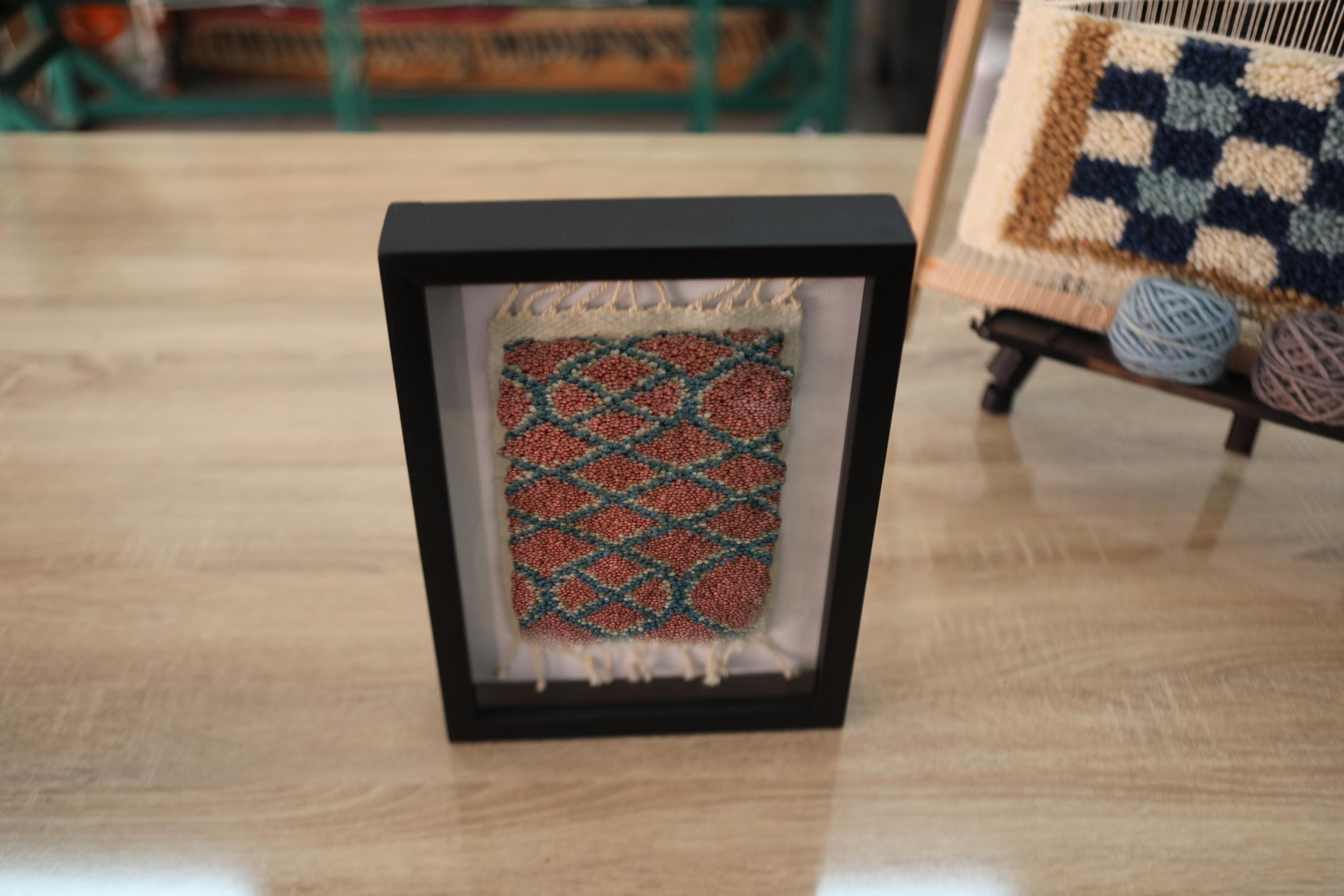 moroccan rug, framed wall decor, rust teal textile art, hand knotted wool rug, mini rug artwork, tribal moroccan wall hanging, boho wall decor, knot by knot rug, framed moroccan wool tapestry
