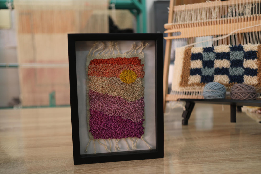 moroccan rug, framed wall tapestry, hand-knotted mini rug, sunset textile art, gradient wool rug, knot by knot wall hanging, boho home decor, modern moroccan wall art, 25x31 cm
