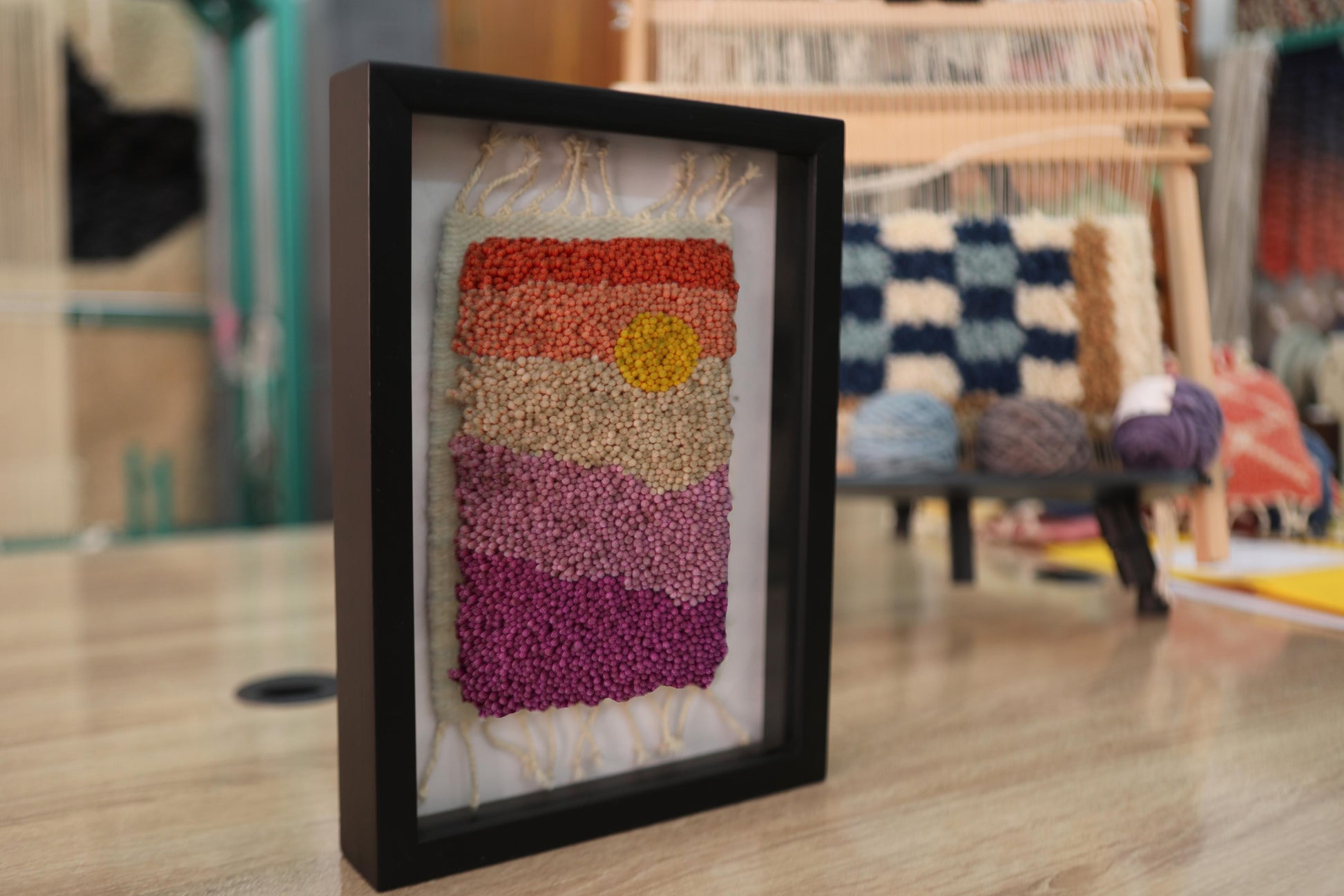 moroccan rug, framed wall tapestry, hand-knotted mini rug, sunset textile art, gradient wool rug, knot by knot wall hanging, boho home decor, modern moroccan wall art, 25x31 cm
