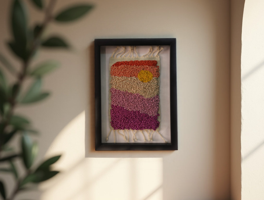 moroccan rug, framed wall tapestry, hand-knotted mini rug, sunset textile art, gradient wool rug, knot by knot wall hanging, boho home decor, modern moroccan wall art, 25x31 cm
