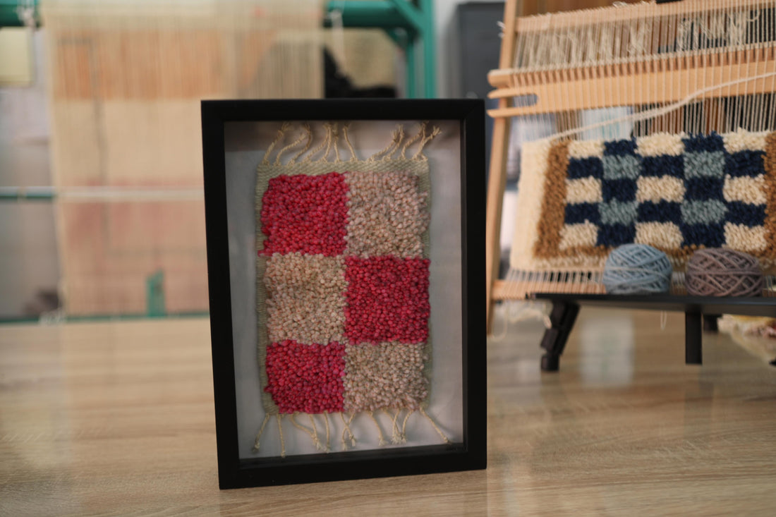 moroccan rug, framed wool rug, pink ivory mini rug, knot by knot moroccan rug, wool wall art, modern moroccan tapestry, 25x31 cm rug, handmade block rug, artisan moroccan wool, moroccan framed textile, pink wool decor
