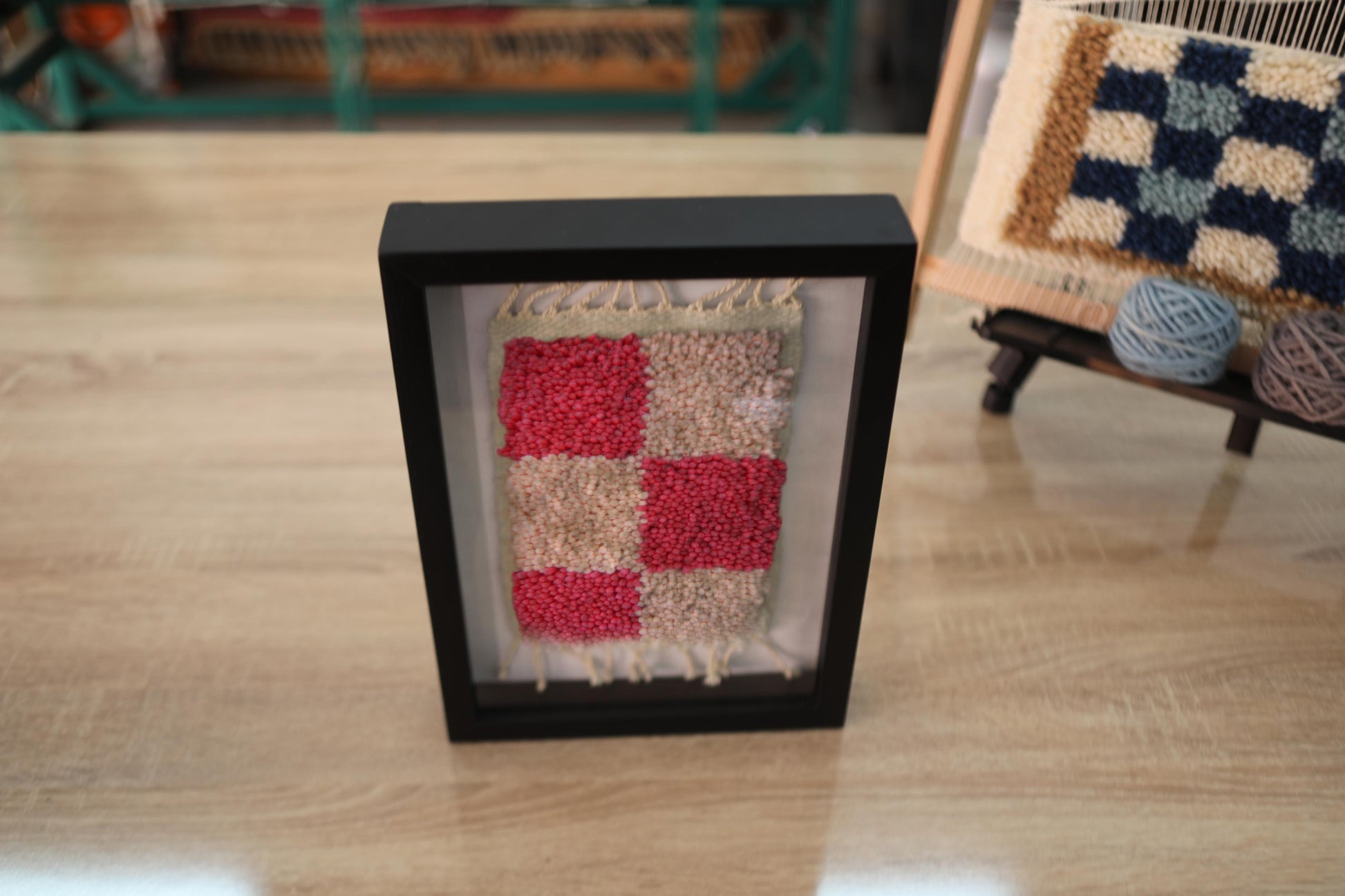 moroccan rug, framed wool rug, pink ivory mini rug, knot by knot moroccan rug, wool wall art, modern moroccan tapestry, 25x31 cm rug, handmade block rug, artisan moroccan wool, moroccan framed textile, pink wool decor
