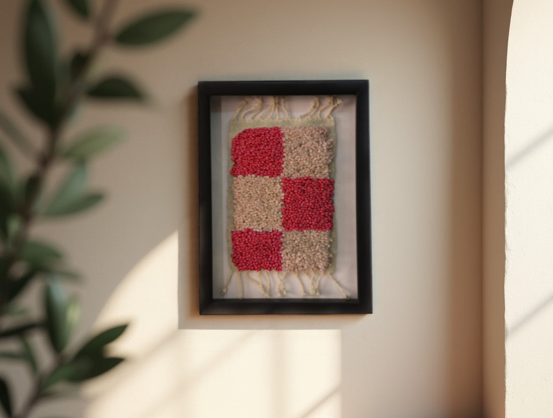 moroccan rug, framed wool rug, pink ivory mini rug, knot by knot moroccan rug, wool wall art, modern moroccan tapestry, 25x31 cm rug, handmade block rug, artisan moroccan wool, moroccan framed textile, pink wool decor
