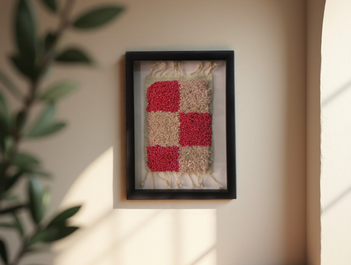 moroccan rug, framed wool rug, pink ivory mini rug, knot by knot moroccan rug, wool wall art, modern moroccan tapestry, 25x31 cm rug, handmade block rug, artisan moroccan wool, moroccan framed textile, pink wool decor

