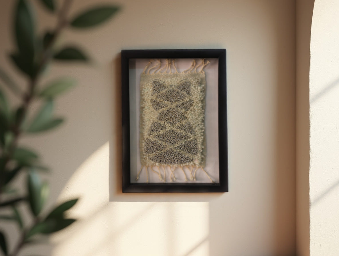 moroccan rug, geometric moroccan wall art, mini wool tapestry, knot by knot rug, hand knotted wool art, framed tribal design, boho wall decor, moroccan textile, artisan wall hanging, 25x31 cm rug art
