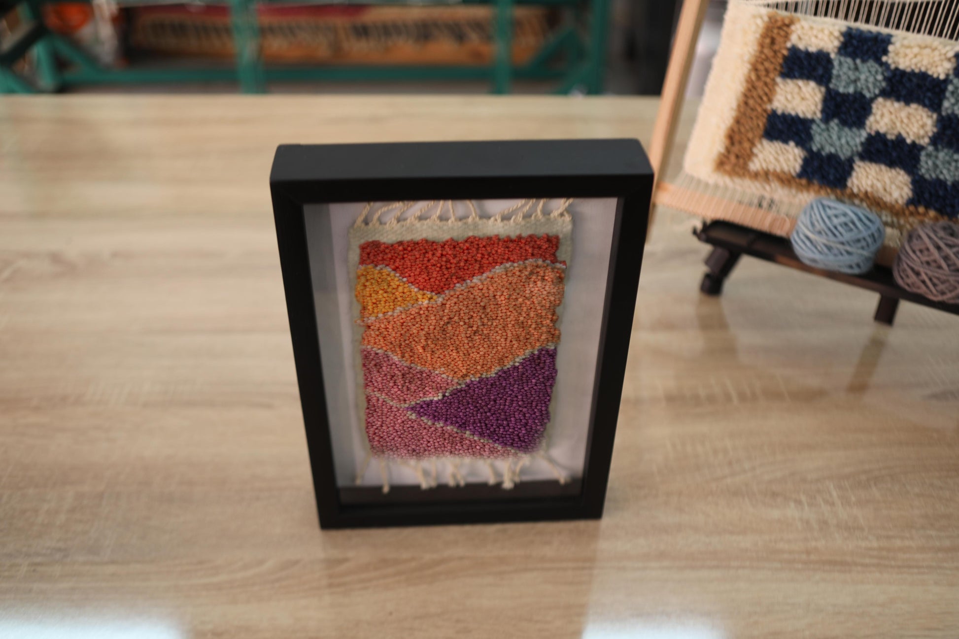 moroccan rug, geometric wall tapestry, hand-knotted rug art, boho wall decor, framed rug, orange pink purple textile art, modern moroccan decor, abstract color block art, knot by knot rug, 25x31 cm
