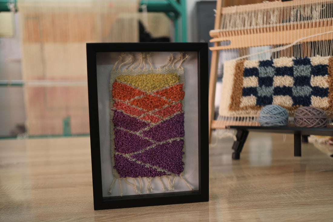 moroccan rug, geometric wall tapestry, hand-knotted rug art, framed textile decor, boho wall hanging, sunset color rug, purple orange yellow rug, abstract moroccan decor, 25x31 cm
