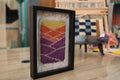 moroccan rug, geometric wall tapestry, hand-knotted rug art, framed textile decor, boho wall hanging, sunset color rug, purple orange yellow rug, abstract moroccan decor, 25x31 cm
