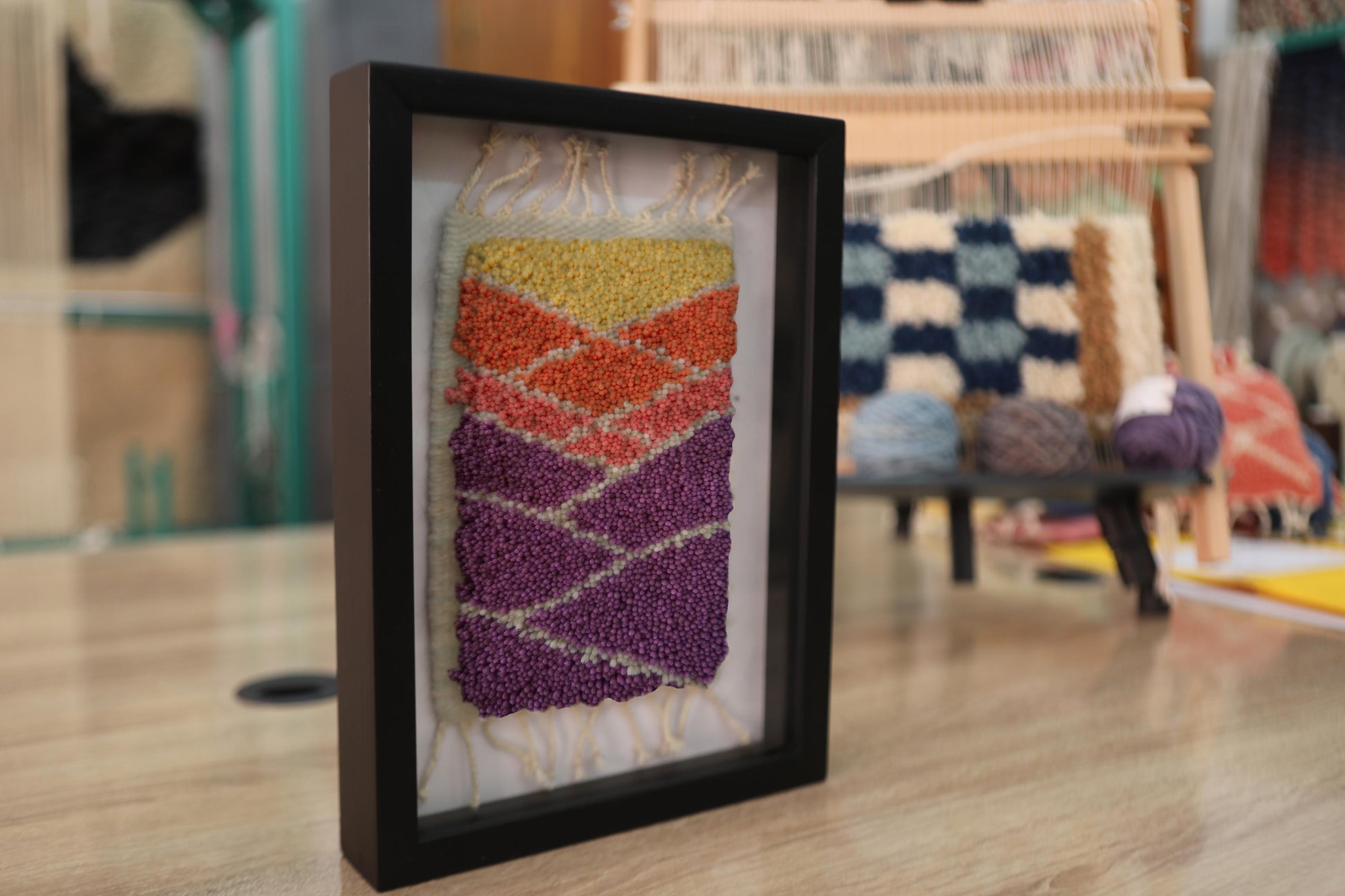 moroccan rug, geometric wall tapestry, hand-knotted rug art, framed textile decor, boho wall hanging, sunset color rug, purple orange yellow rug, abstract moroccan decor, 25x31 cm
