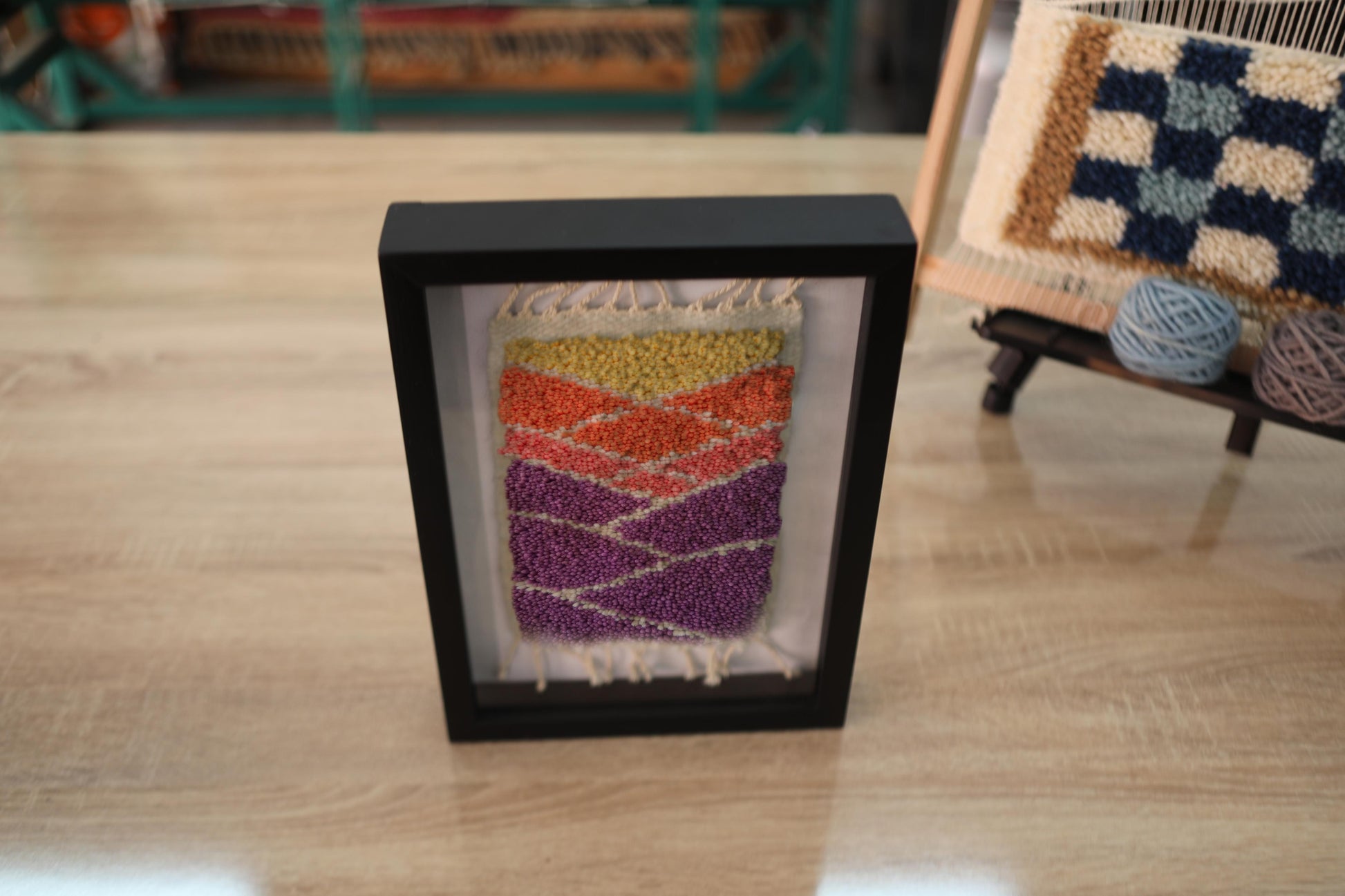 moroccan rug, geometric wall tapestry, hand-knotted rug art, framed textile decor, boho wall hanging, sunset color rug, purple orange yellow rug, abstract moroccan decor, 25x31 cm
