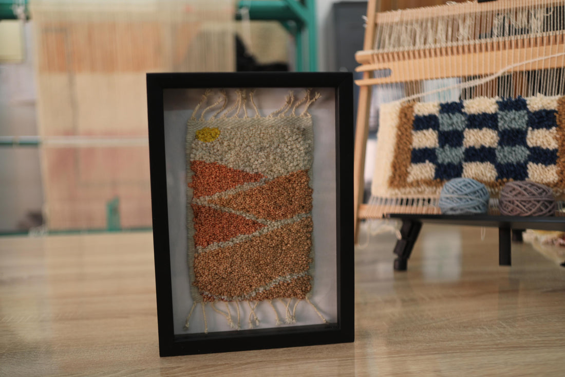 moroccan rug, geometric wool wall art, knot by knot handmade rug, desert inspired wall tapestry, framed rug art, artisan moroccan decor, modern boho wall textile, wool wall hanging, 25x31 cm rug, hand-knotted moroccan rug wall art
