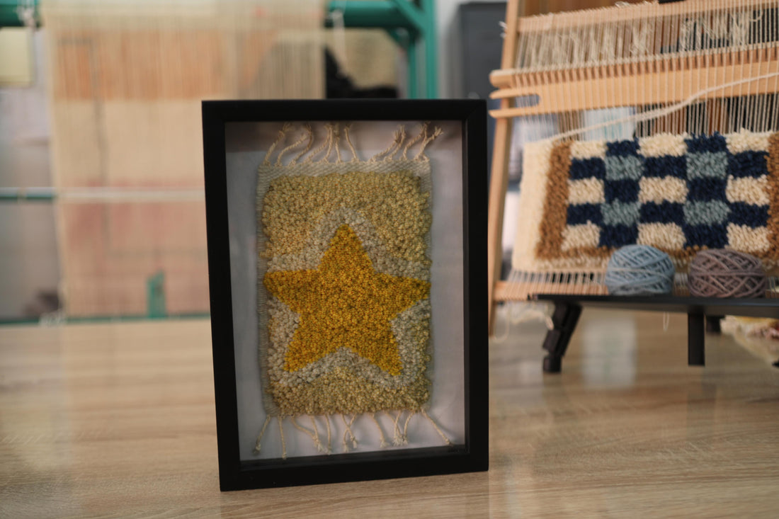 moroccan rug, gold star rug art, framed wool tapestry, knot by knot wall hanging, yellow wool wall art, handmade moroccan decor, celestial rug, boho wall textile, artisan rug frame, 25x31 cm wool art, kids room decor, nursery moroccan rug
