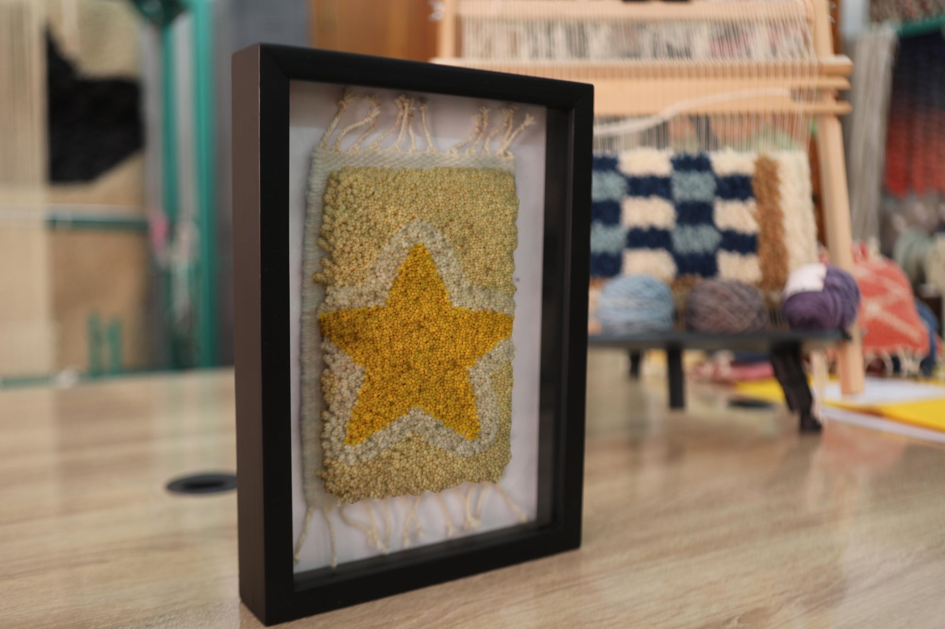 moroccan rug, gold star rug art, framed wool tapestry, knot by knot wall hanging, yellow wool wall art, handmade moroccan decor, celestial rug, boho wall textile, artisan rug frame, 25x31 cm wool art, kids room decor, nursery moroccan rug
