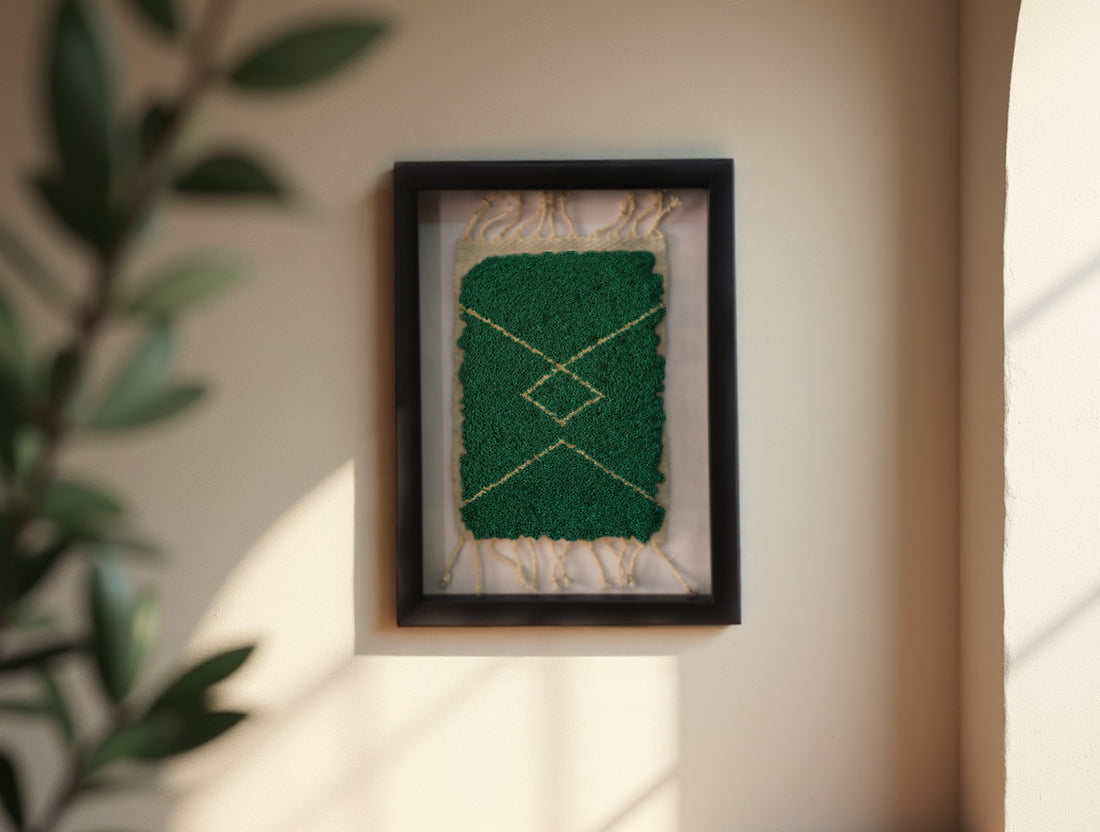 moroccan rug, green wool rug, framed mini rug, hand-knotted rug, diamond motif, artisan wall art, knot by knot weaving, small moroccan decor, wool wall hanging, traditional moroccan rug, framed rug wall piece
