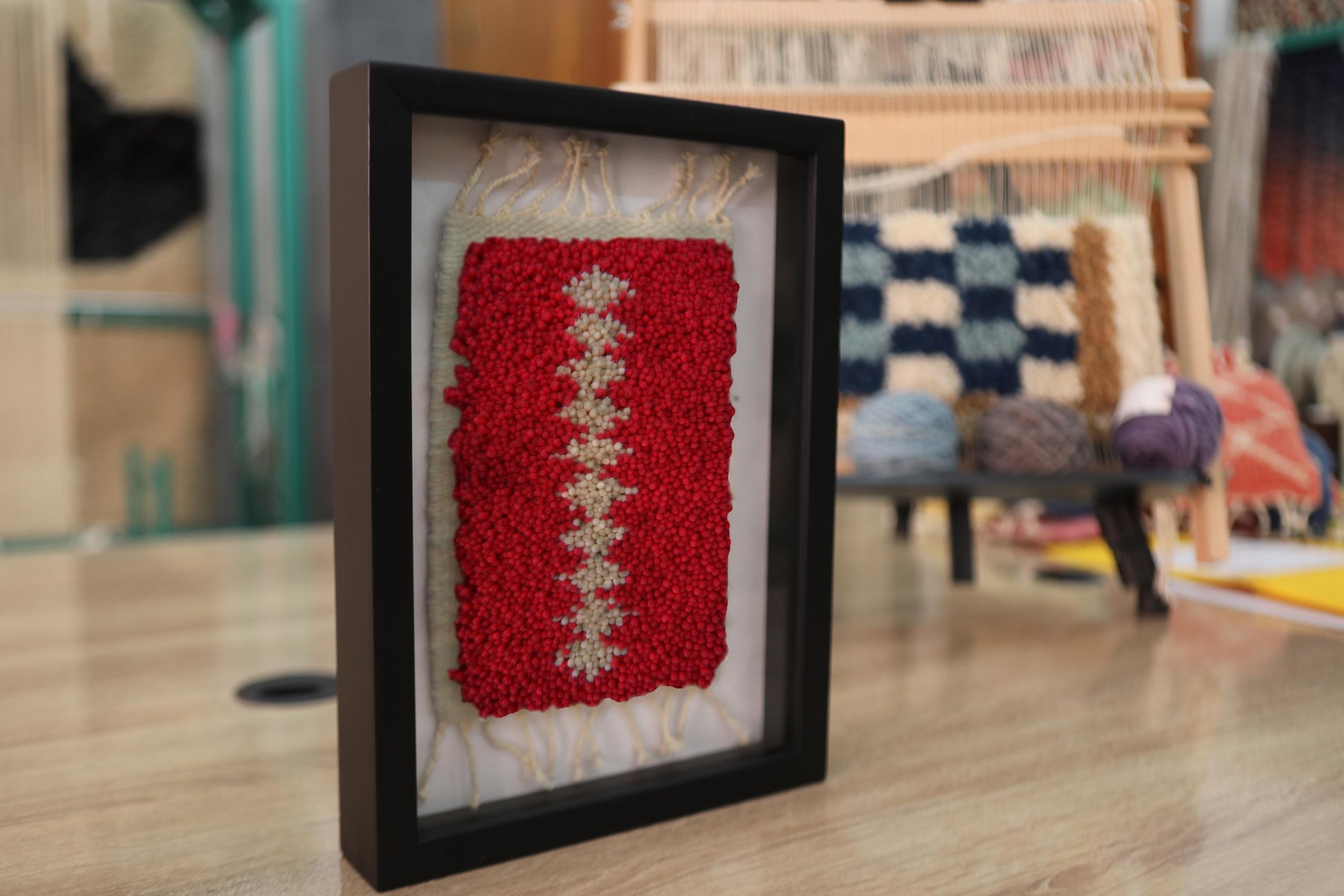 moroccan rug, hand-knotted rug, framed moroccan textile, red beige rug art, zigzag pattern wall hanging, boho decor, tribal wall textile, wool rug miniature, artisan moroccan craft, knot by knot wall rug
