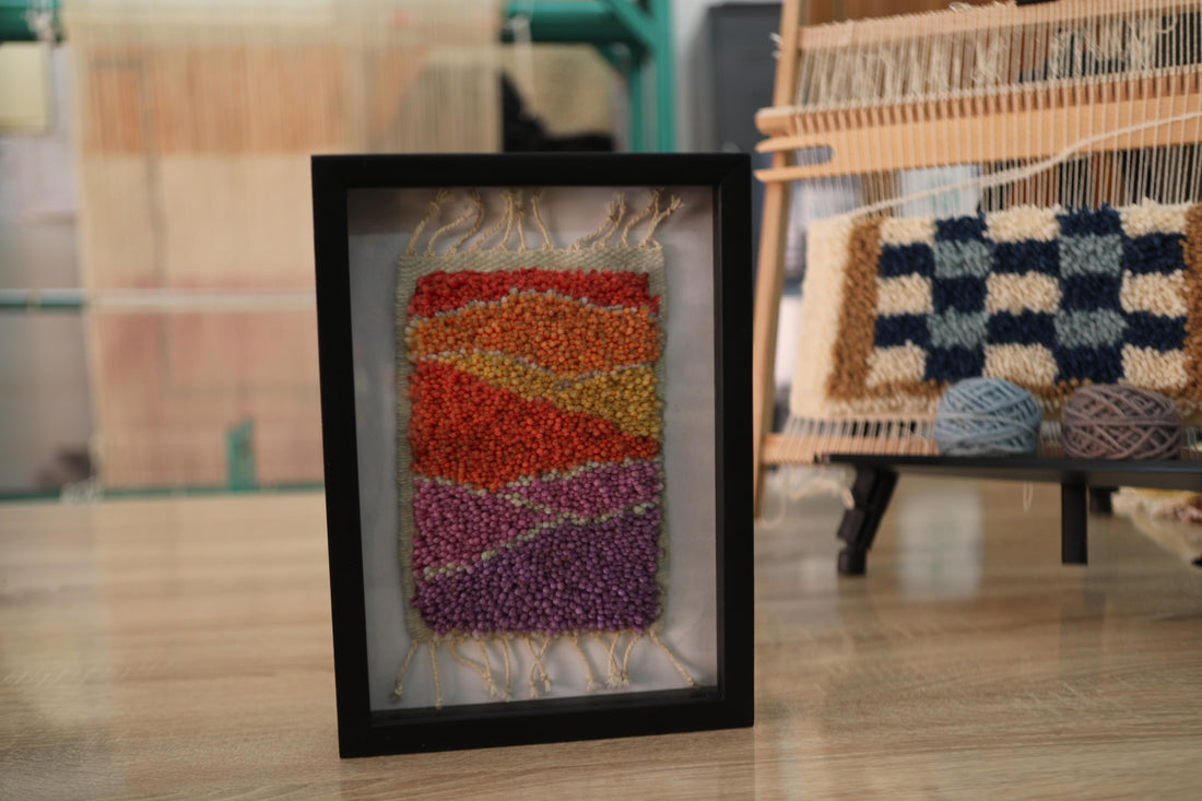 moroccan rug, hand-knotted rug, framed wall art, textile art, saffron rug, bohemian decor, sunset tones, knot by knot, wool wall piece, 25x31 cm, handmade rug art

