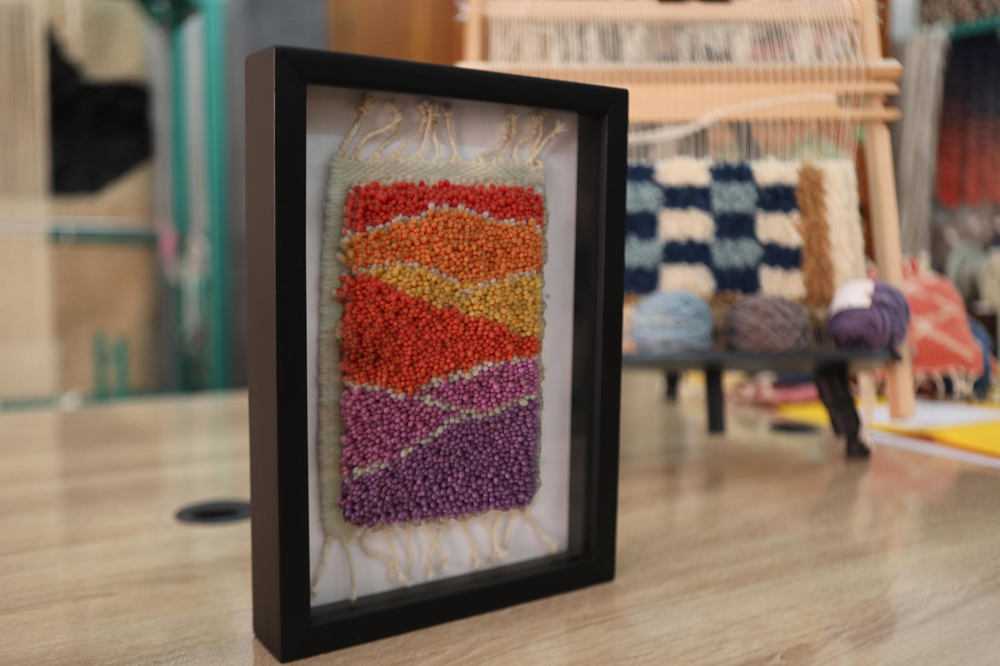 moroccan rug, hand-knotted rug, framed wall art, textile art, saffron rug, bohemian decor, sunset tones, knot by knot, wool wall piece, 25x31 cm, handmade rug art
