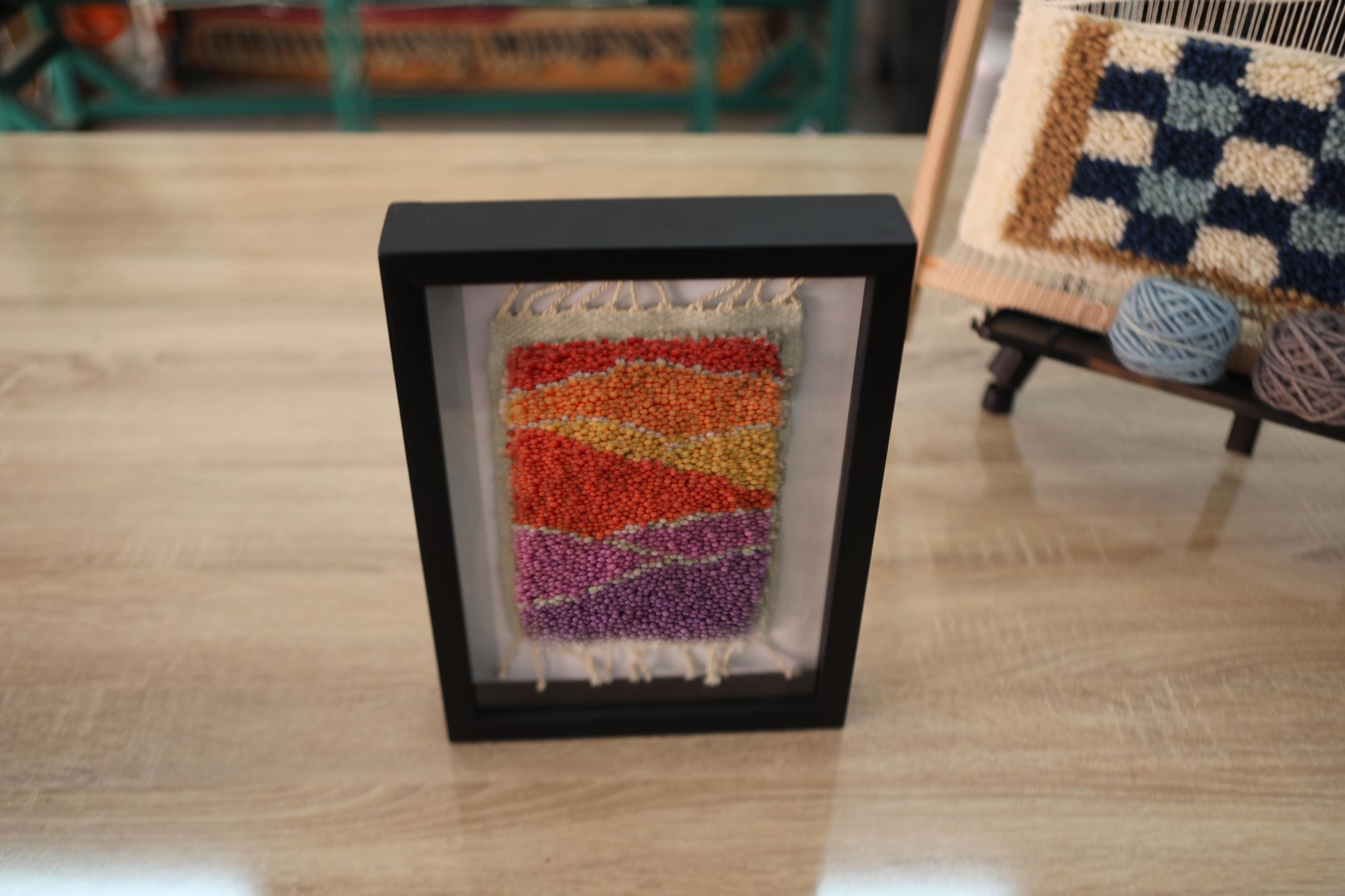 moroccan rug, hand-knotted rug, framed wall art, textile art, saffron rug, bohemian decor, sunset tones, knot by knot, wool wall piece, 25x31 cm, handmade rug art

