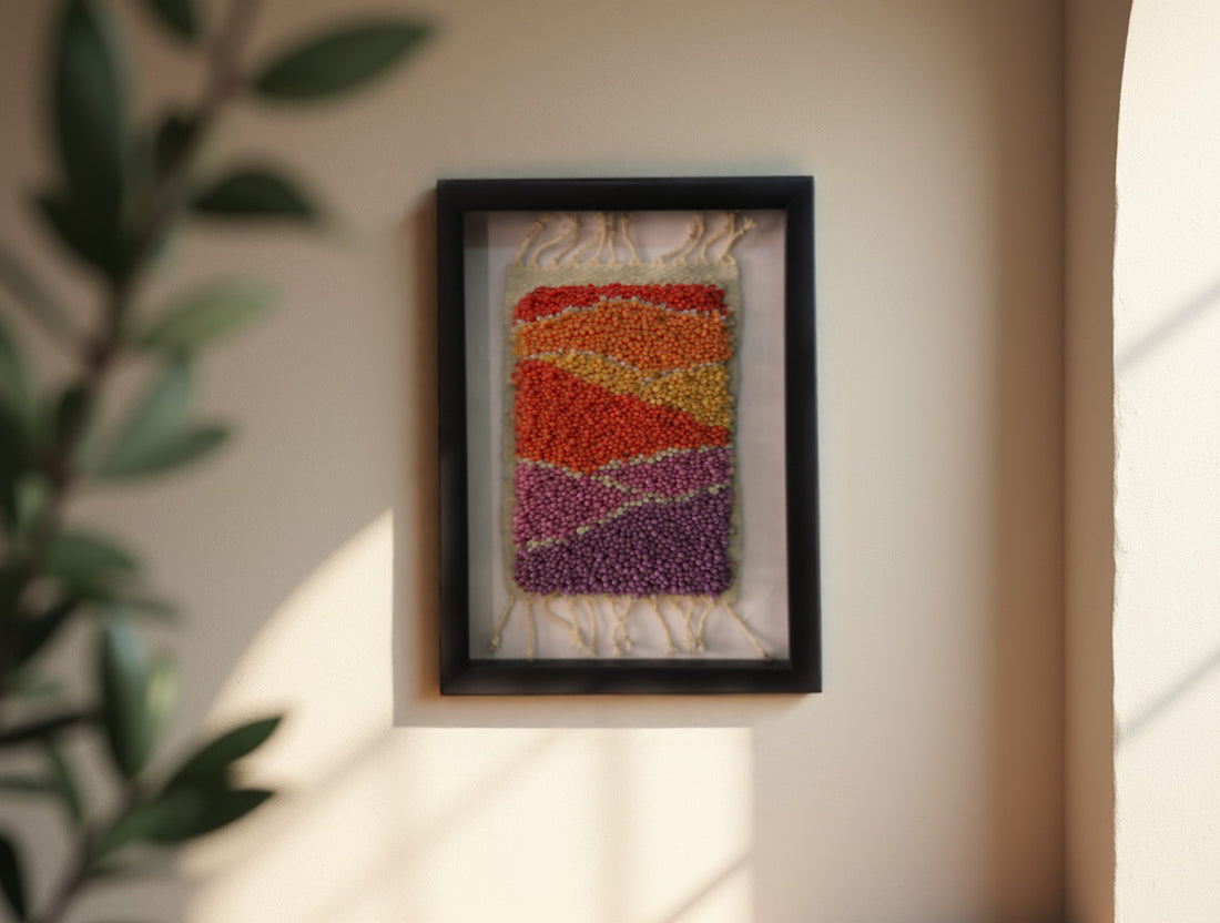 moroccan rug, hand-knotted rug, framed wall art, textile art, saffron rug, bohemian decor, sunset tones, knot by knot, wool wall piece, 25x31 cm, handmade rug art
